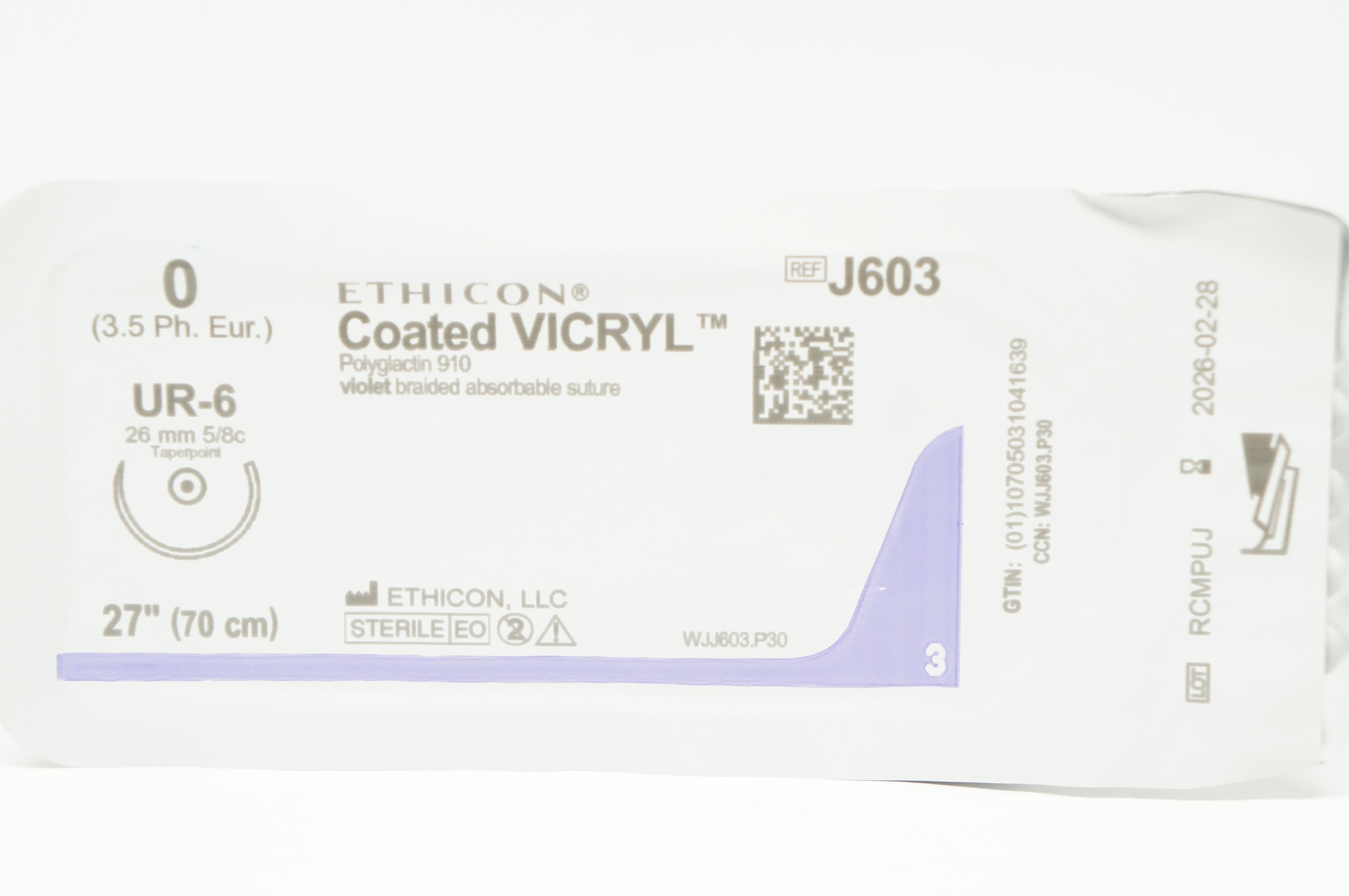Ethicon J603 0 Coated VICRYL Polyglactin Stre UR-6 26mm 5/8c Taperpoint, 27inch