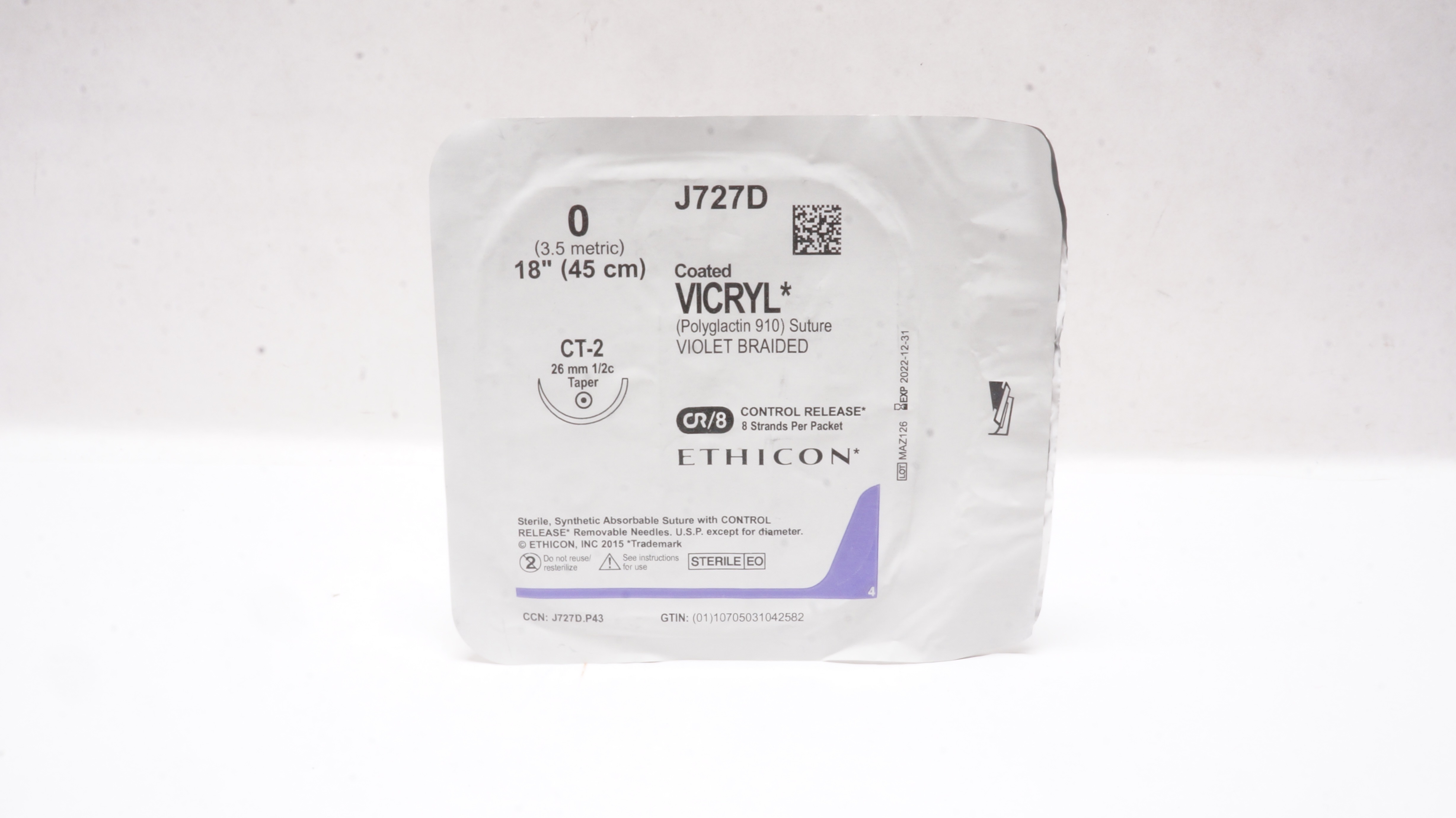 Ethicon J727D 0 Coated VICRYL Polyglactin Stre CT-2 26mm 1/2c Taper 18inch (x)