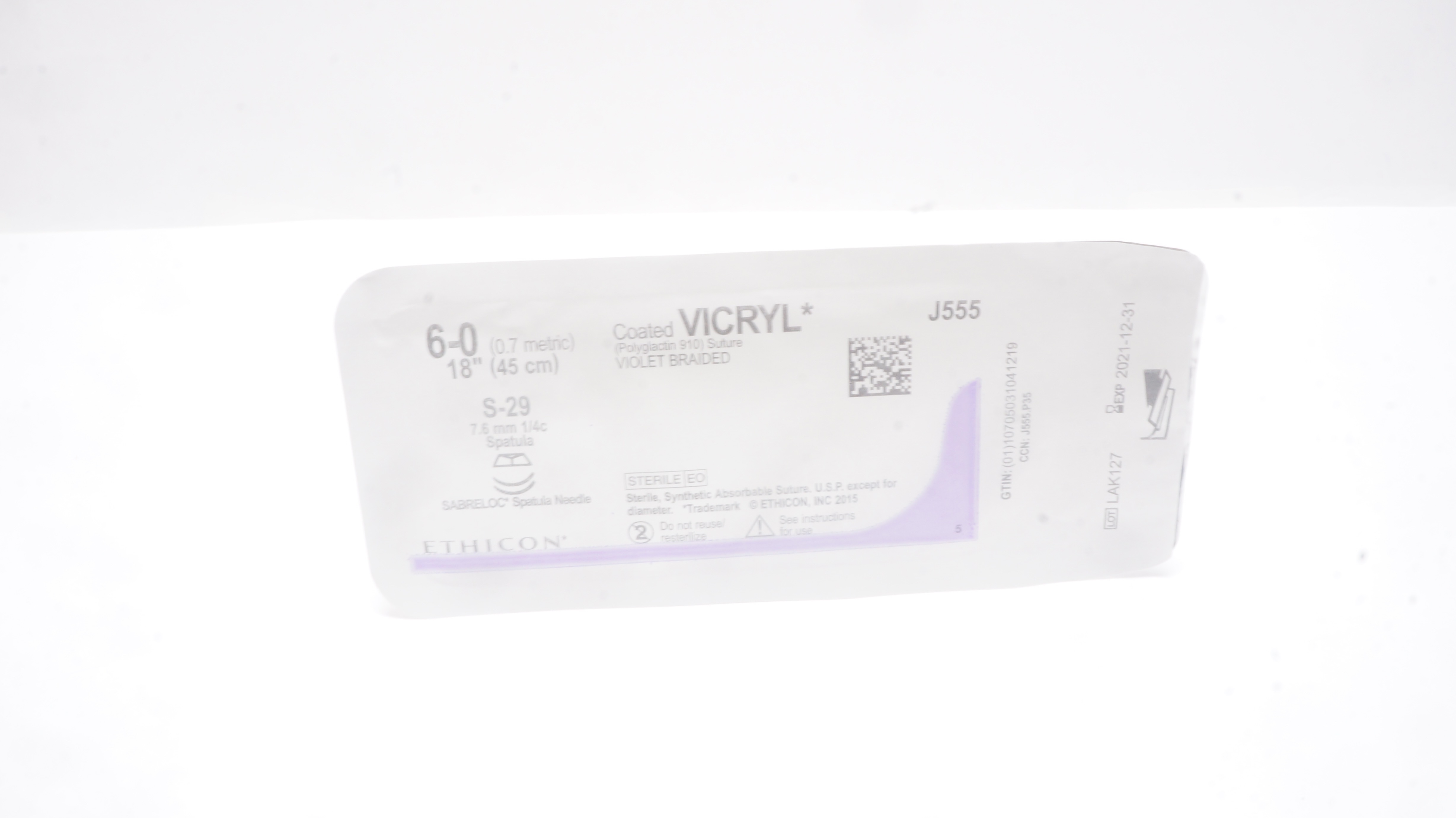 Ethicon J555 6-0 Coated VICRYL S-29 7.6mm 1/4c Spatula 18inch (x)
