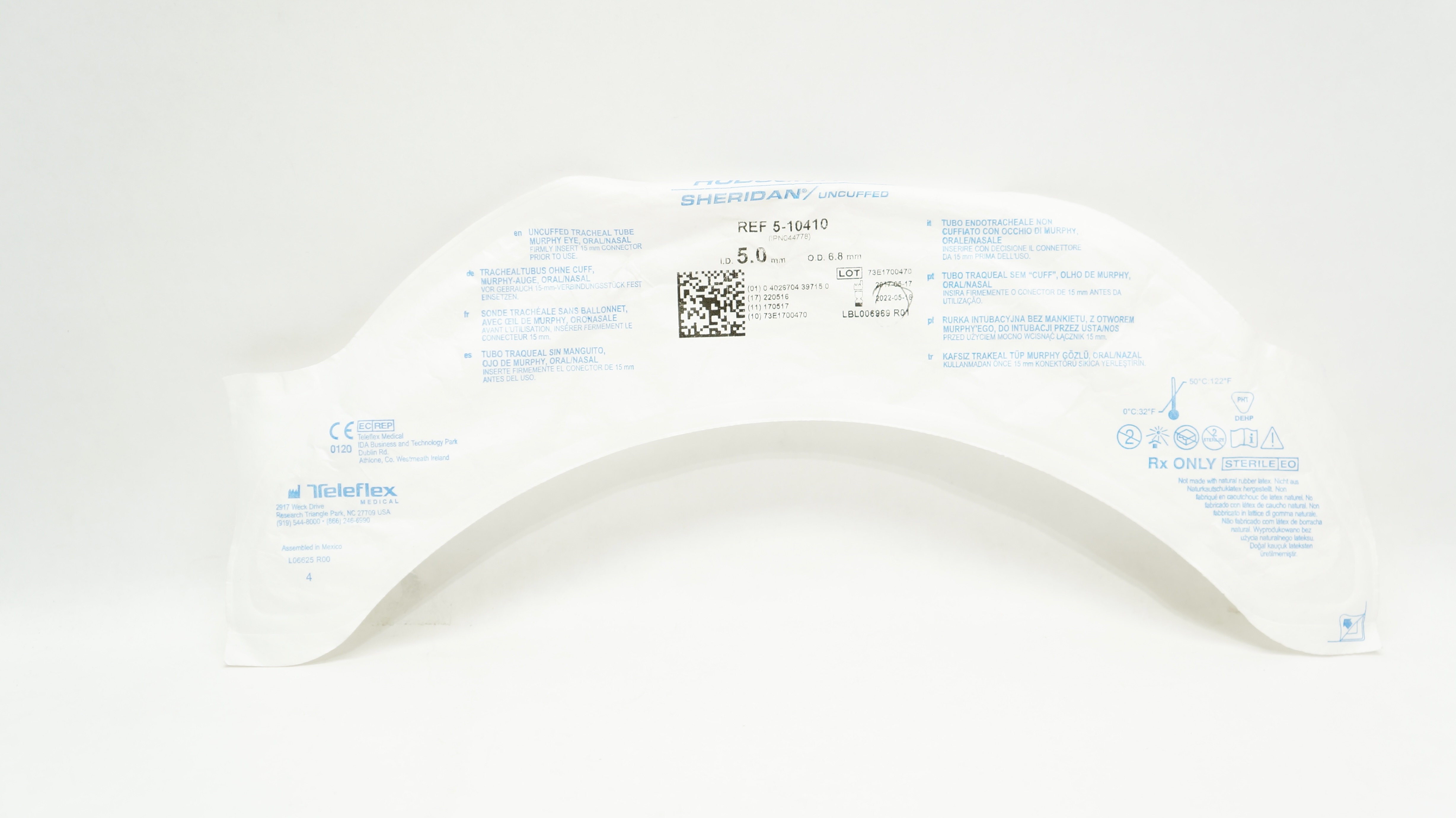 Teleflex 5-10410 Hudson RCI Sheridan Uncuffed Tube Endotracheal 5.0IDx6.8mmOD(x)