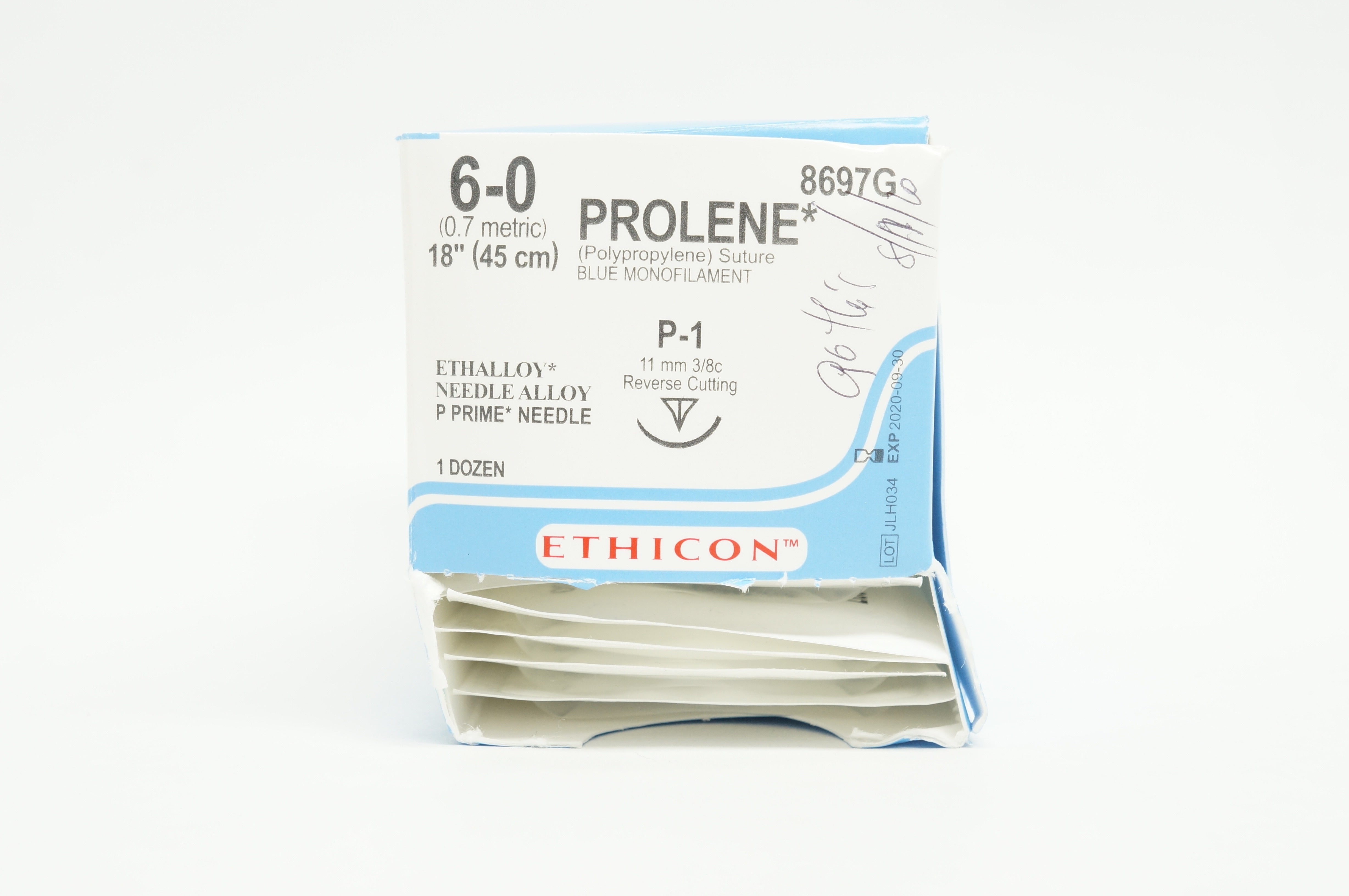 Ethicon 8697G 6-0 PROLENE P-1, 11mm 3/8c Reverse Cutting, 18in (x) - Box of 12