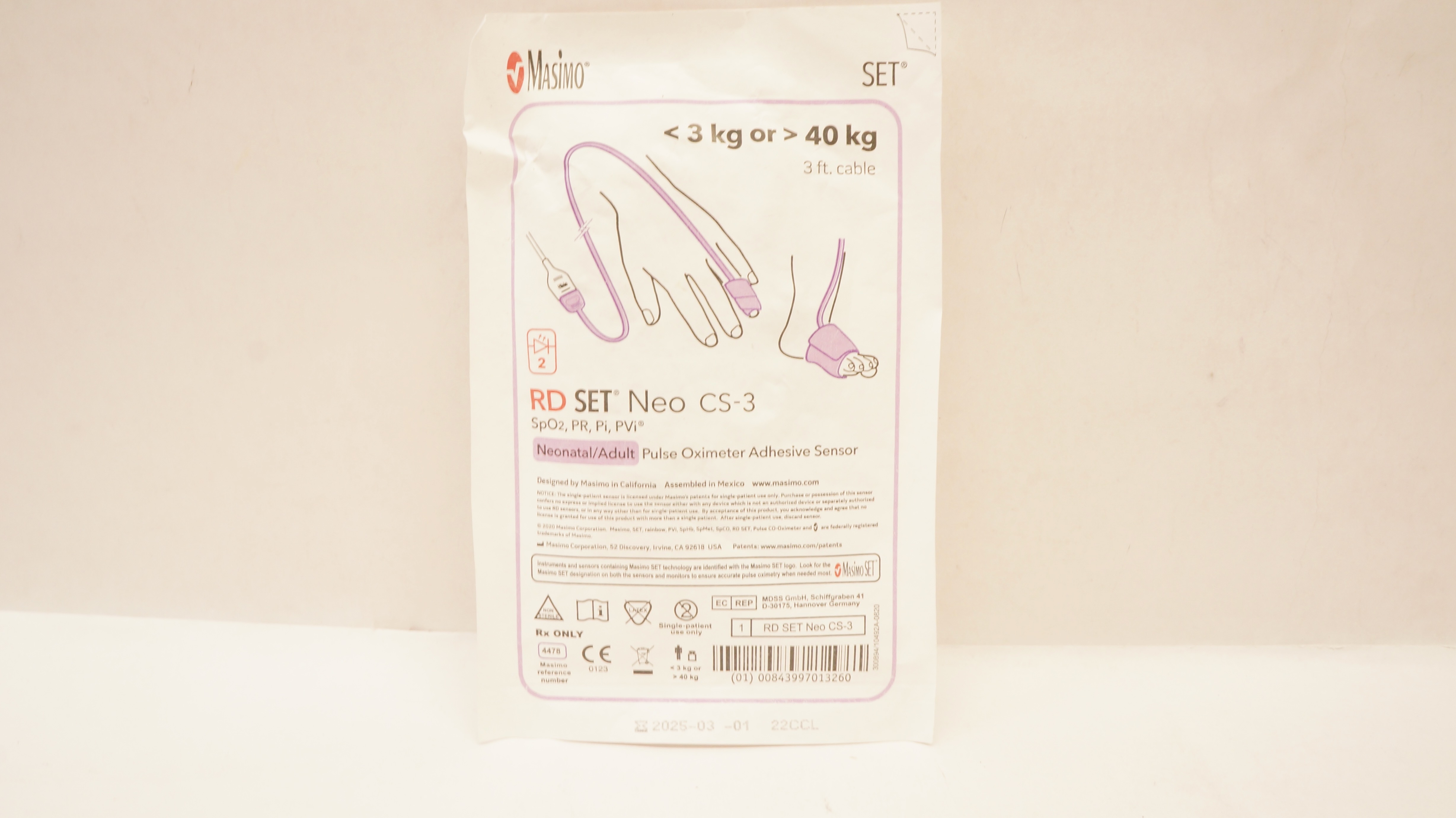 Masimo 4478 Neo CS-3 Neonatal/Adult Pulse Oximeter Adhesive Sensor <3kg or >40kg