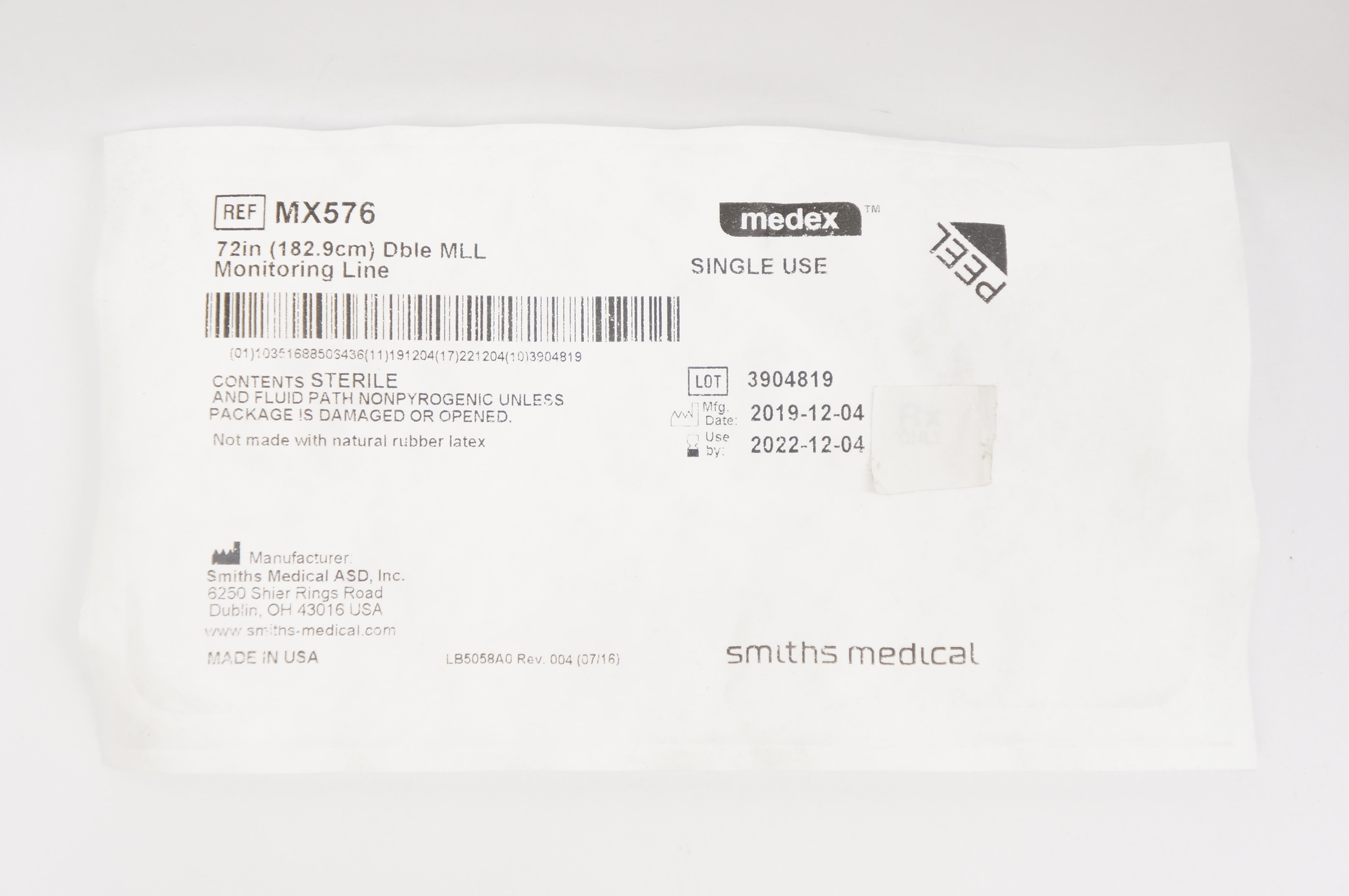 Smiths Medical MX576 Medex 72inch Dble MLL Monitoring Line