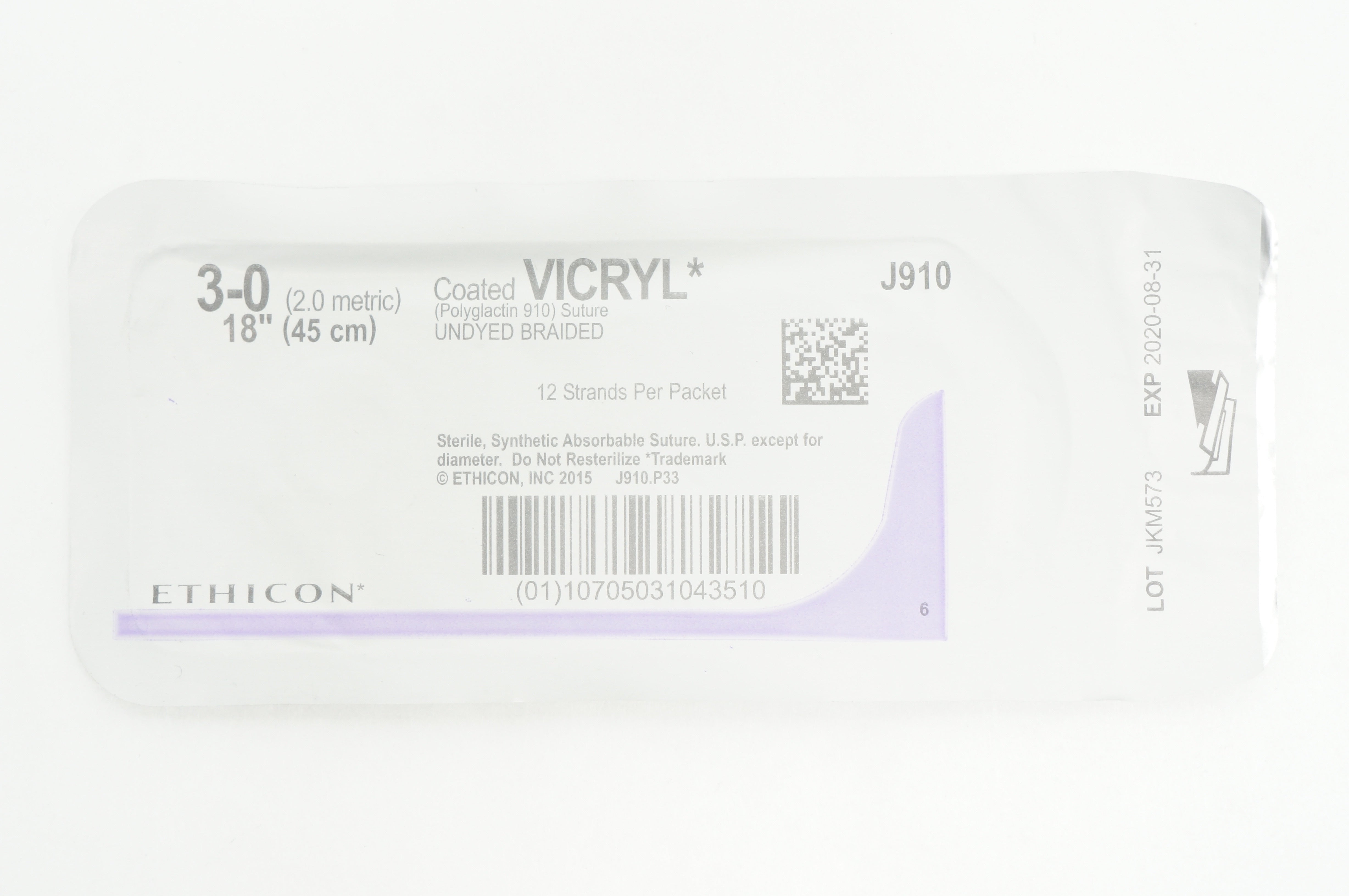 Ethicon J910 3-0 Coated VICRYL, Undyed Braided, 18inch (x)
