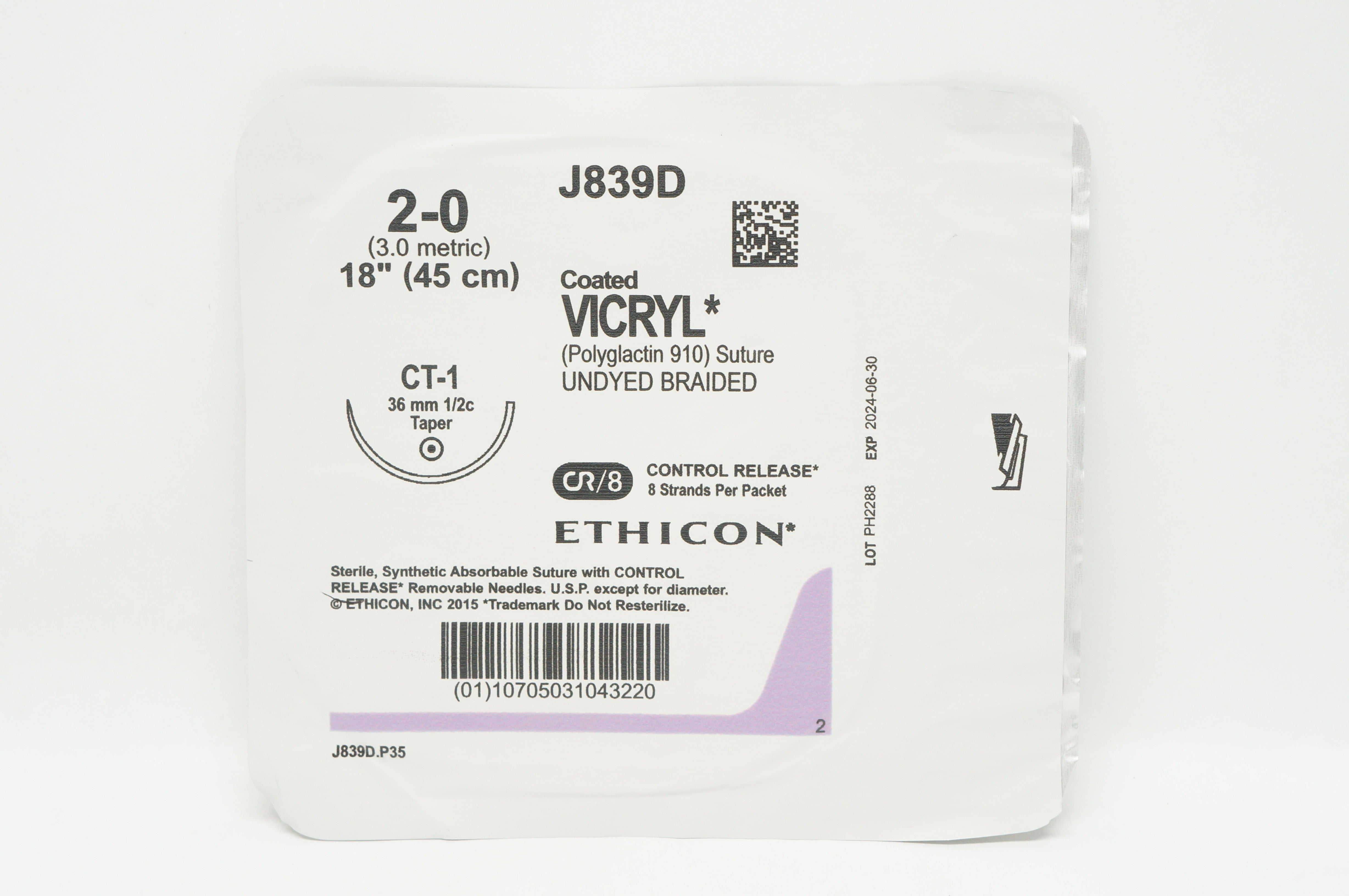Ethicon J839D 2-0 Coated VICRYL Stre CT-1 36mm 1/2c Taper, 18 inch