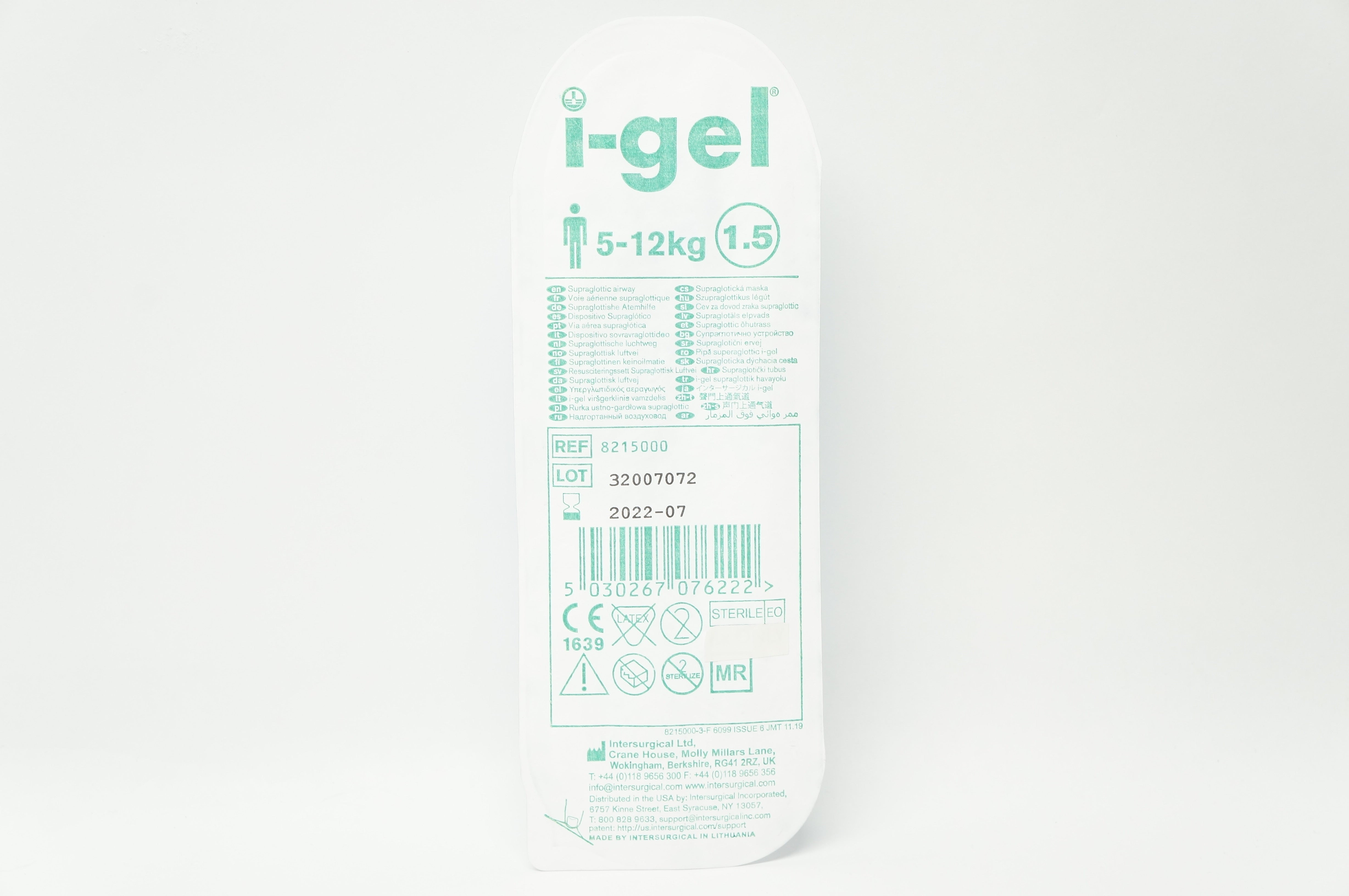 Intersurgical 8215000 I-Gel Supraglottic Airway  5-12 kg, Size 1.5