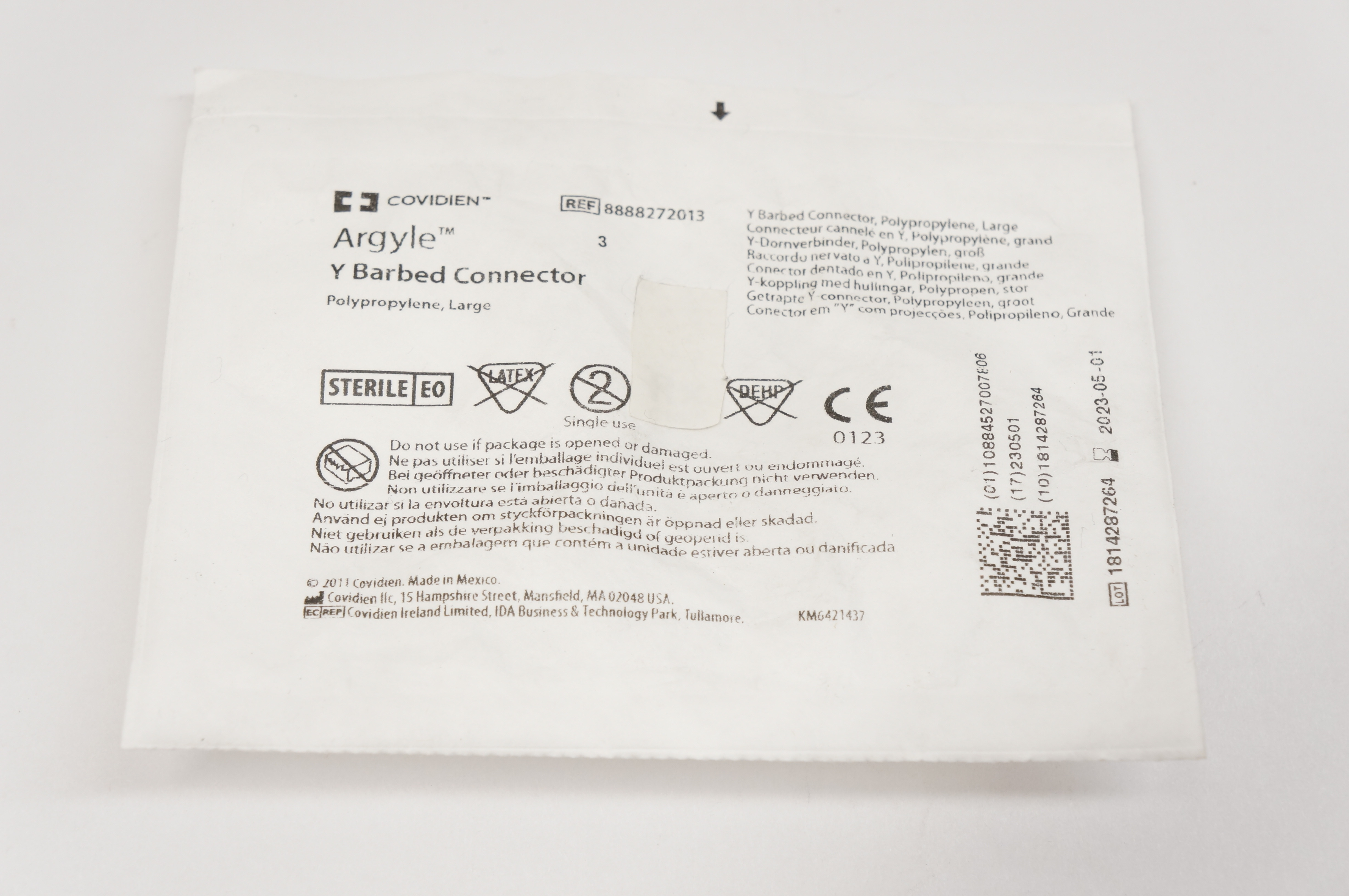 Covidien 8888272013 Argyle Y Barbed Connector Polypropylene, Large