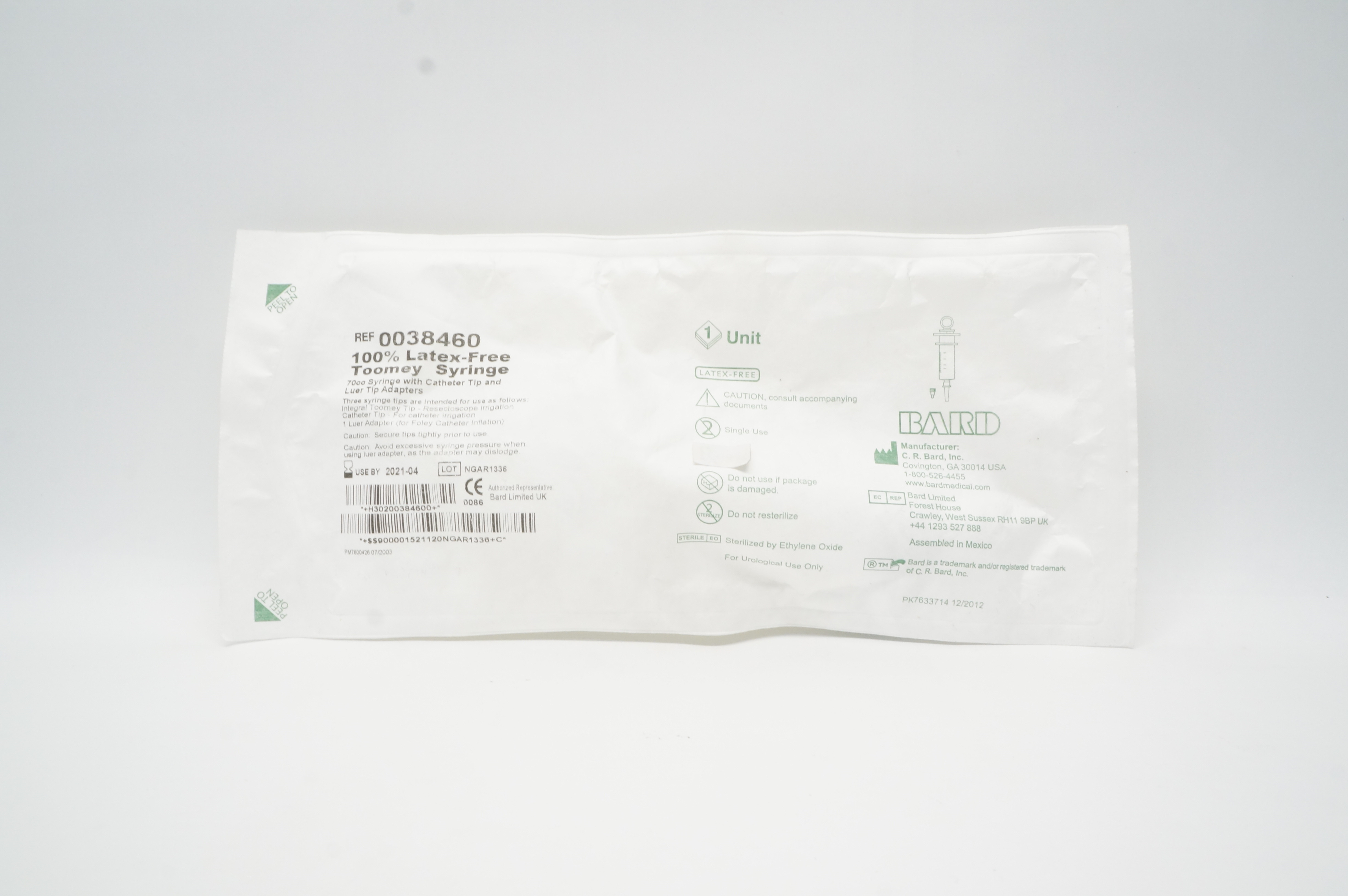 Bard 0038460 Toomey Syringe 70cc With Cath. Tip & Luer Tip Adapters