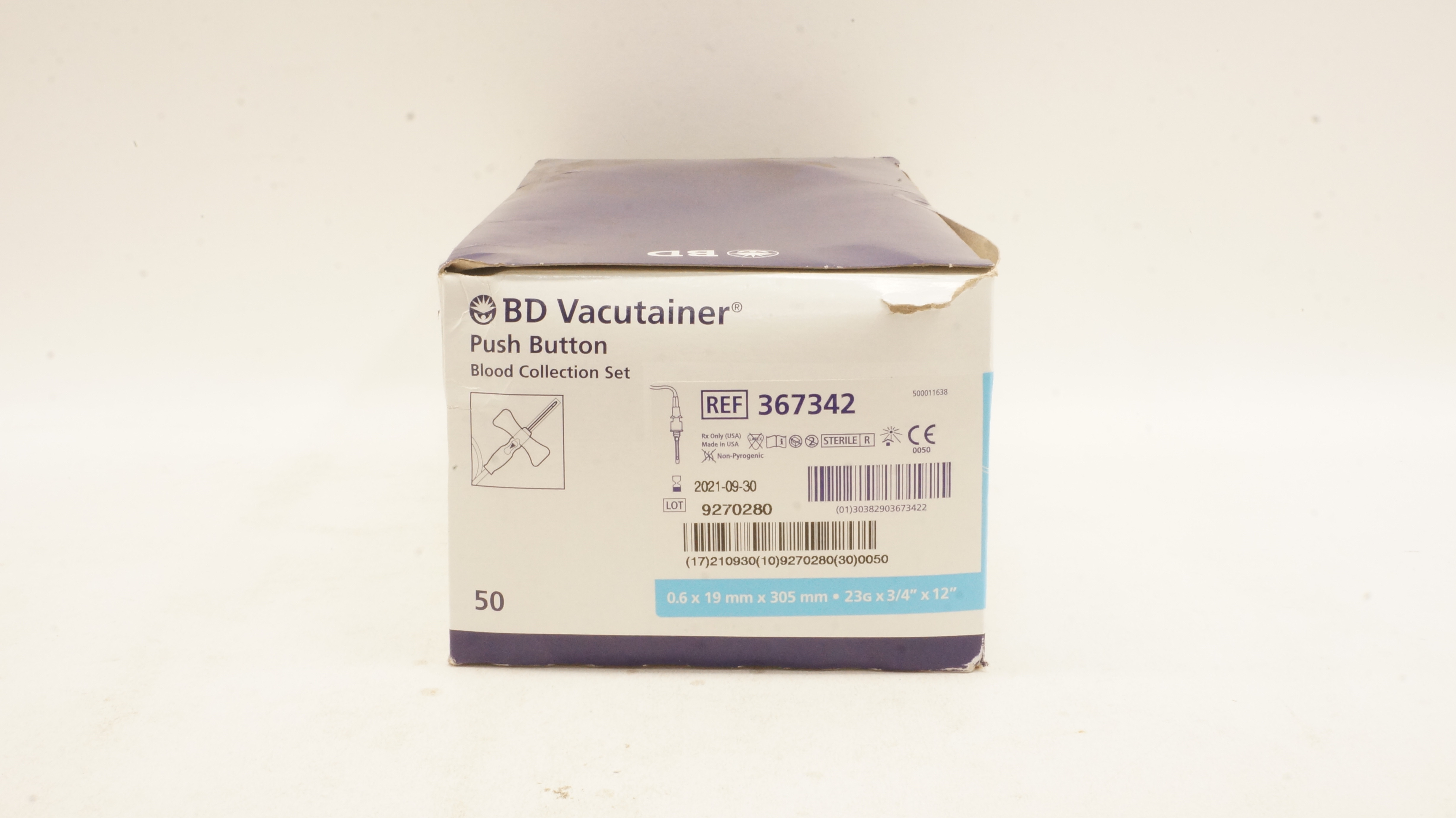 BD 367342 Push Button Blood Collection Set 23G x 3/4inch x 12inch - Box of 50