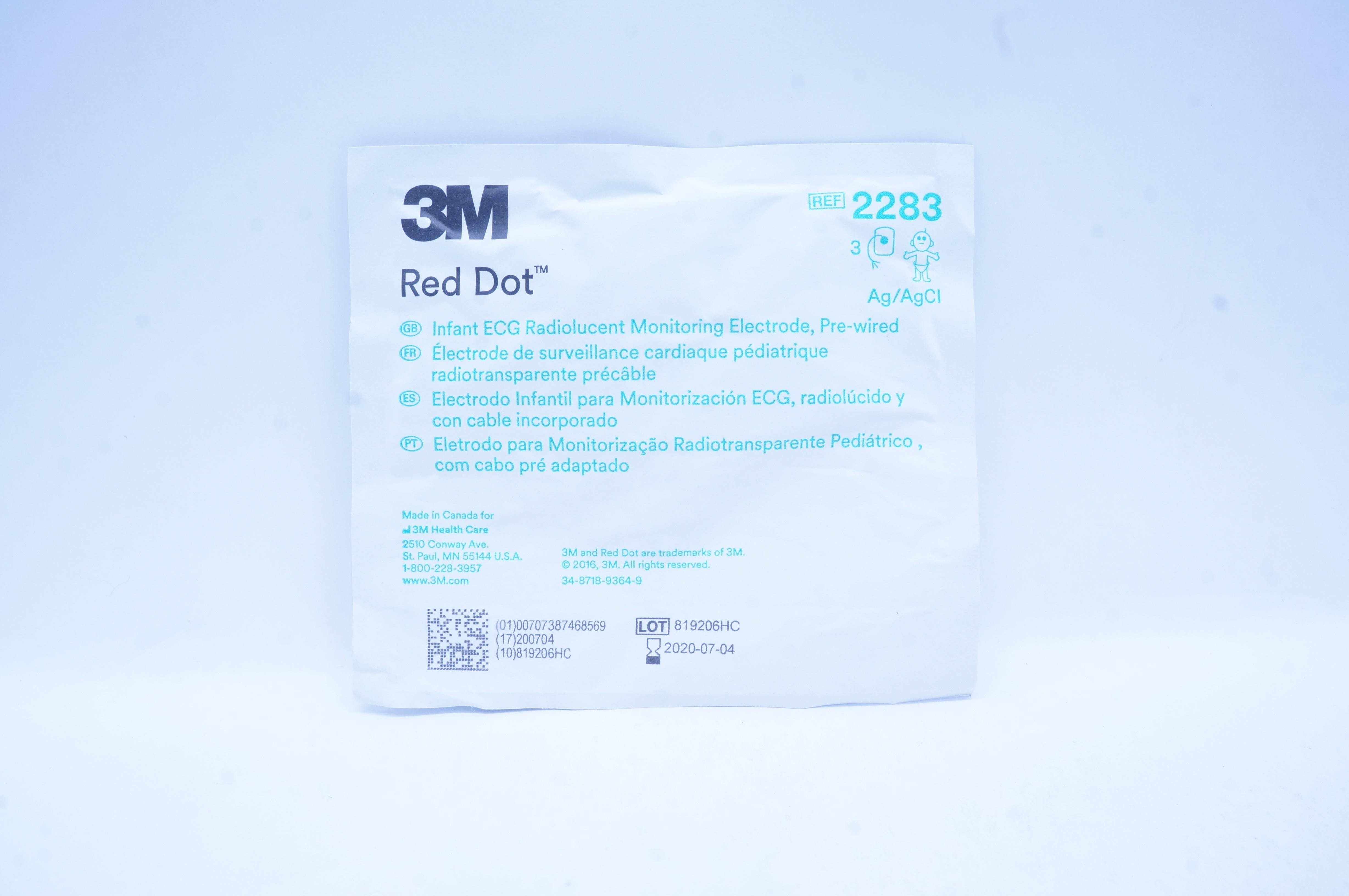 3M 2283 Infant ECG Radiolucent Monitoring Electrode, Pre-Wired (x) - Packet of 3