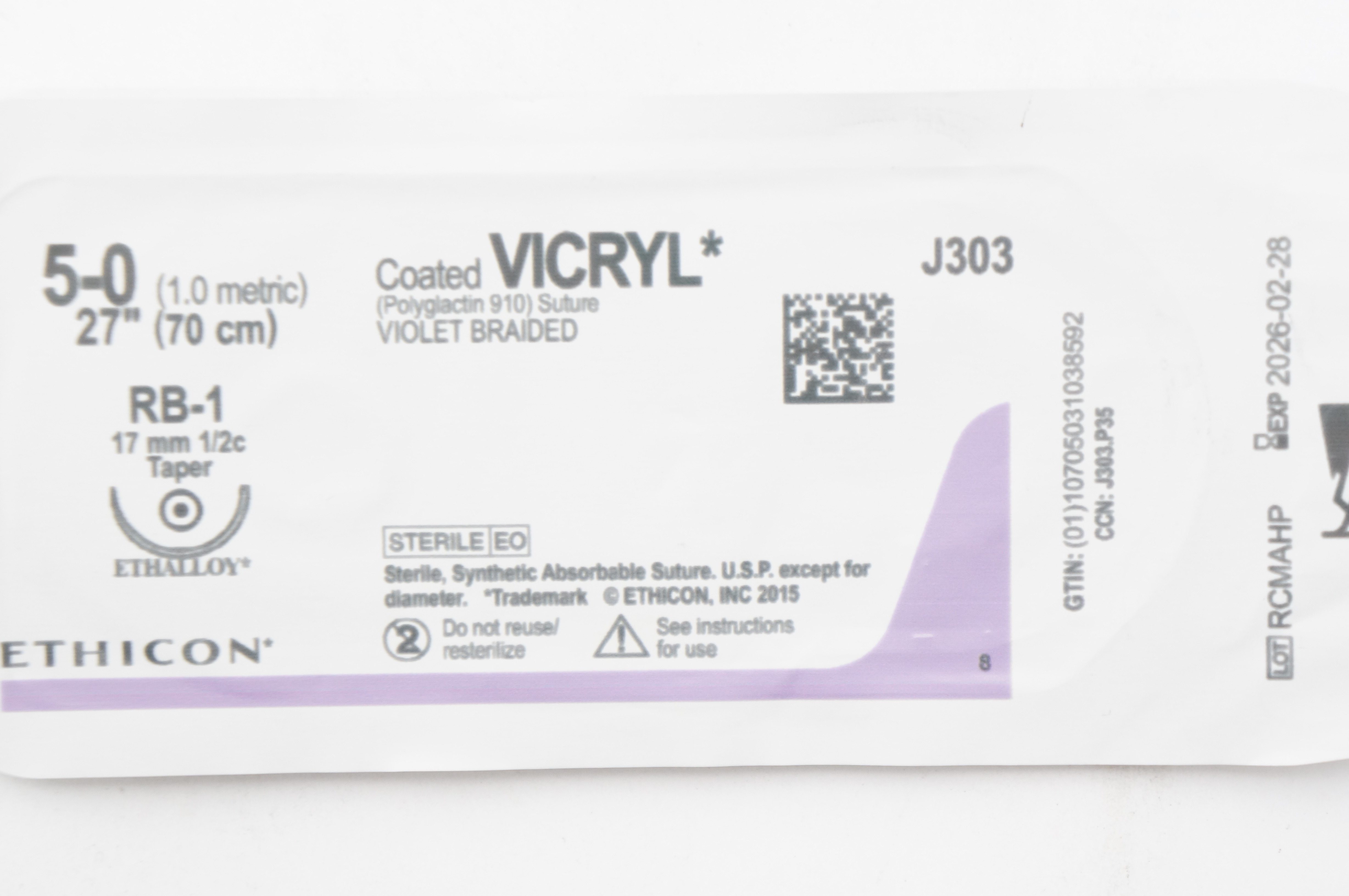 Ethicon J303 5-0 Coated VICRYL Stre RB-1 17mm 1/2c Taper, 27inch