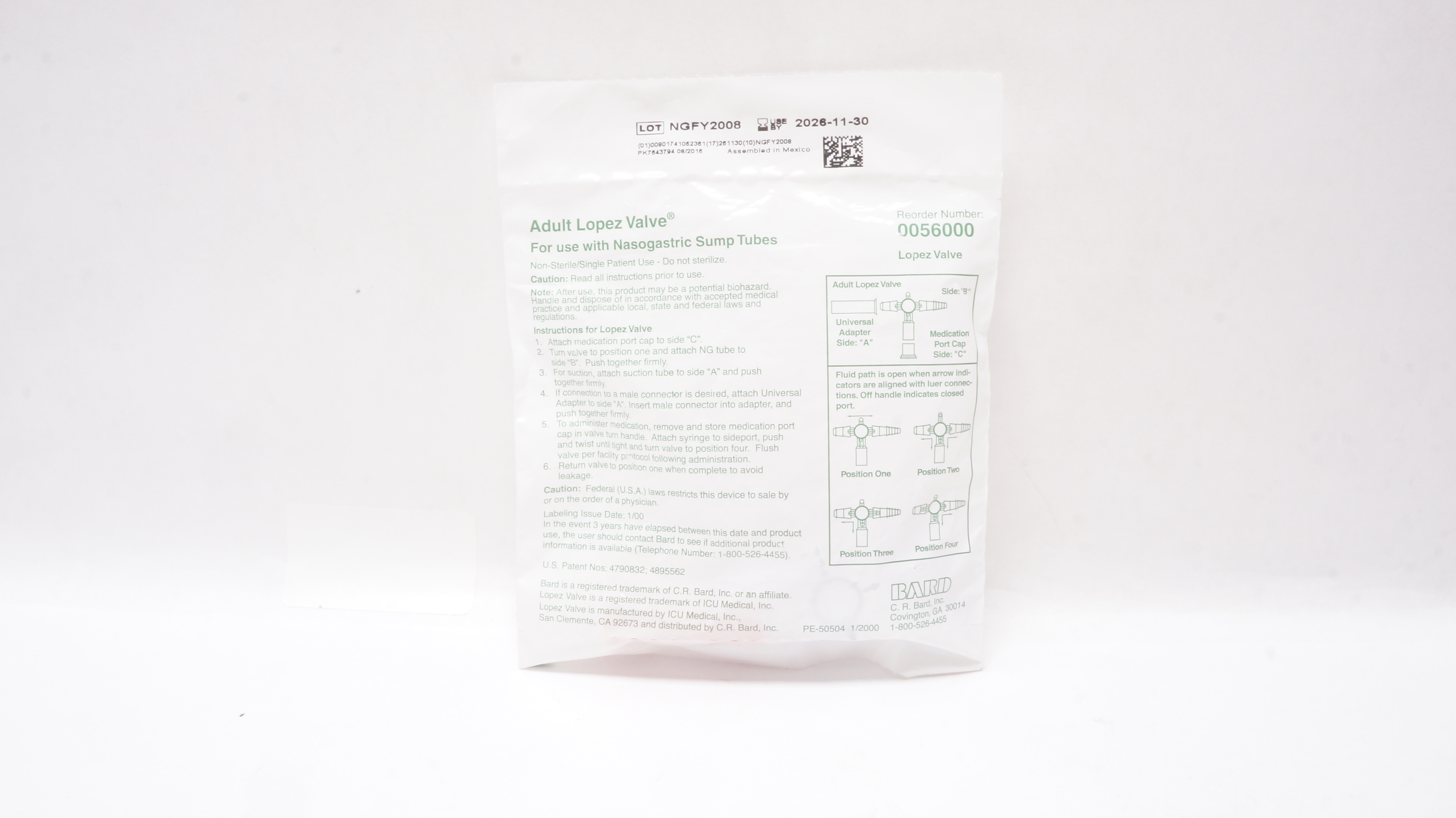 Bard 0056000 Adult Lopez Valve with Nasogastric Sump Tubes