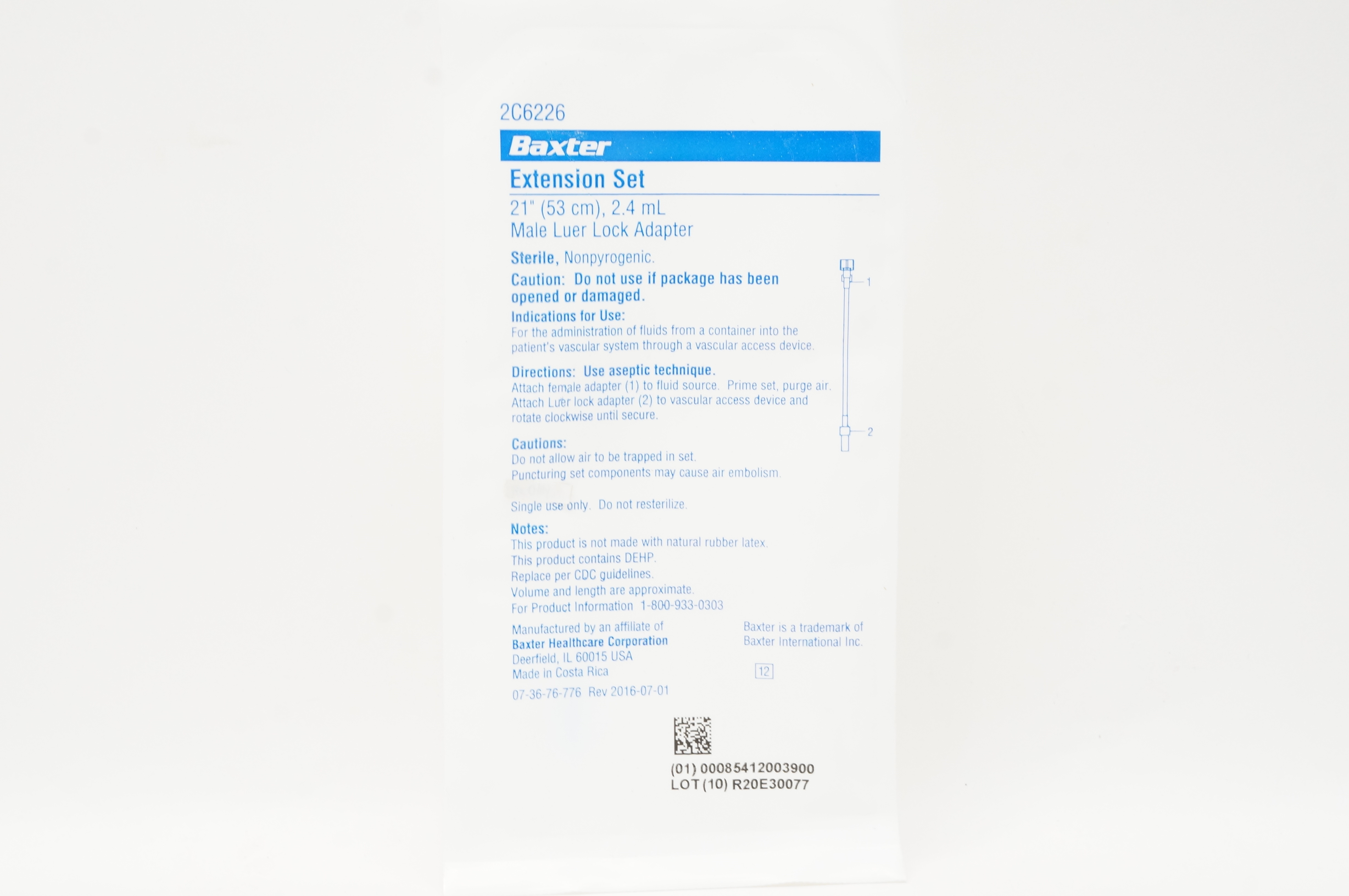 Baxter 2C6226 Extension Set, Male Luer Lock Adapter 21 inch x 2.4 mL