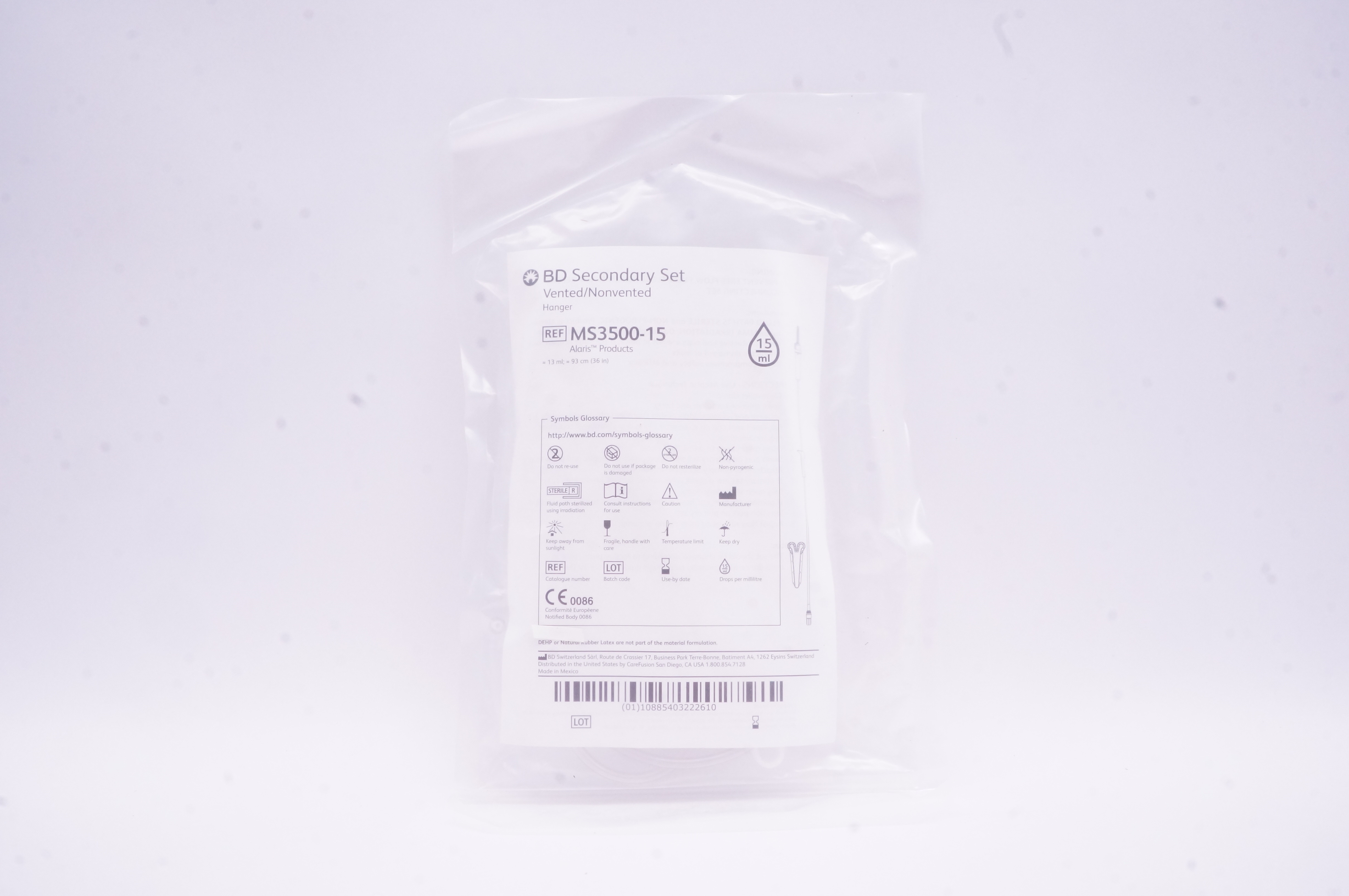 BD MS3500-15 Alaris Secondary Set Vented/Nonvented Hanger 15ml 36inch