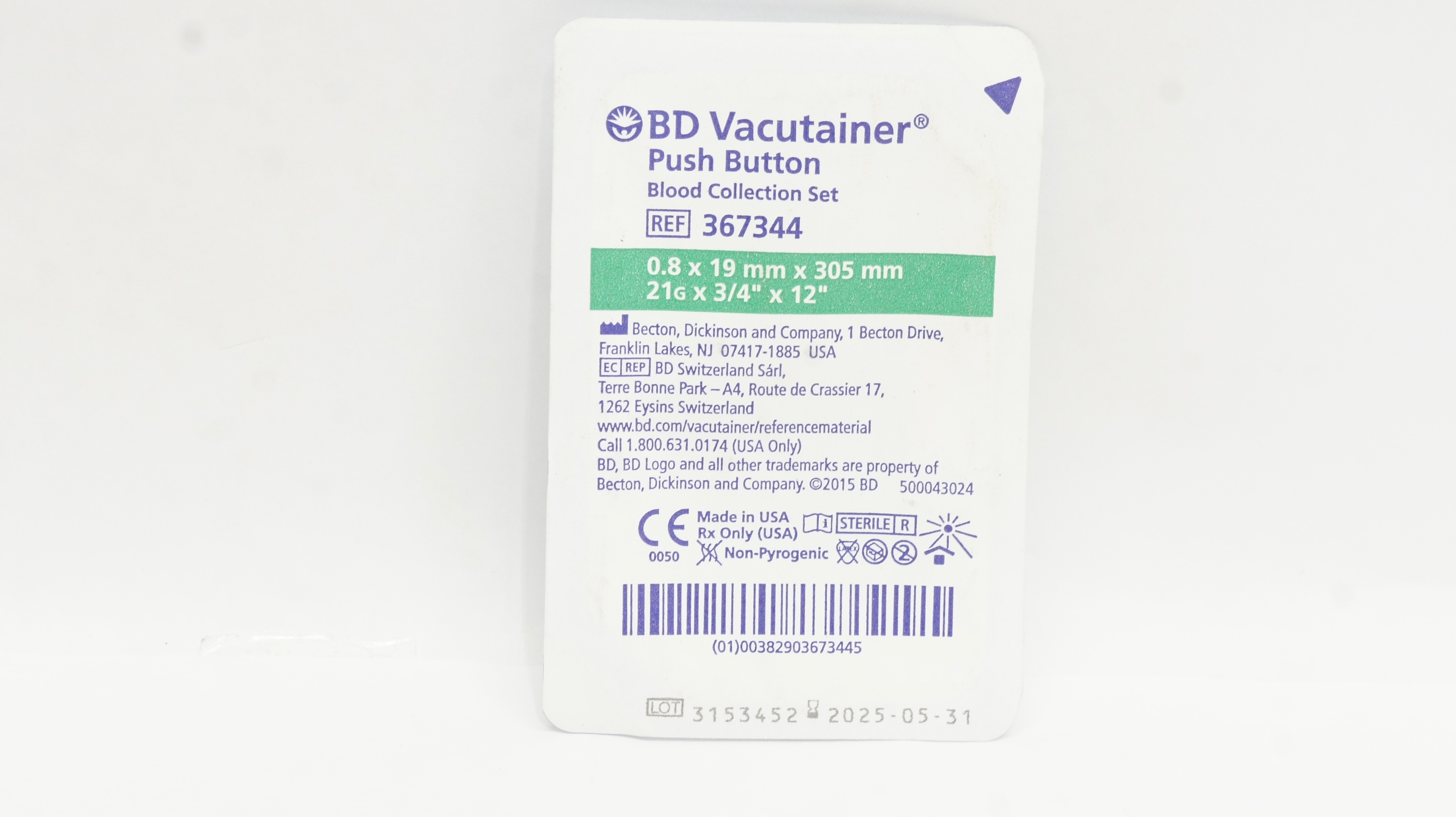 BD 367344 Vacutainer Push Button Blood Collection Set 21G x 3/4inch x 12inch