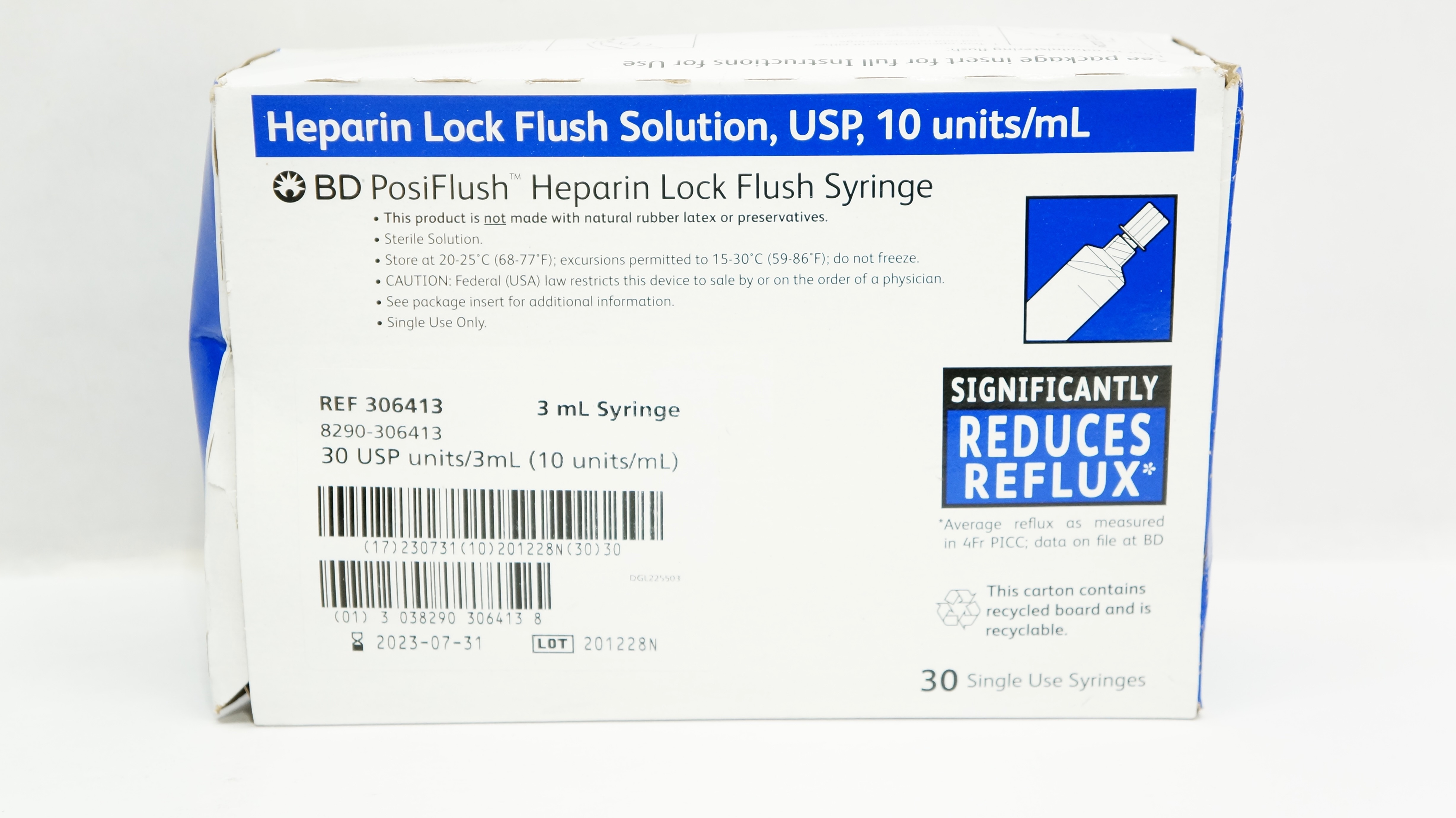 BD 306413 PosiFlush Heparin Lock Flush Syringe 10 USP Units/3mL - Box of 30