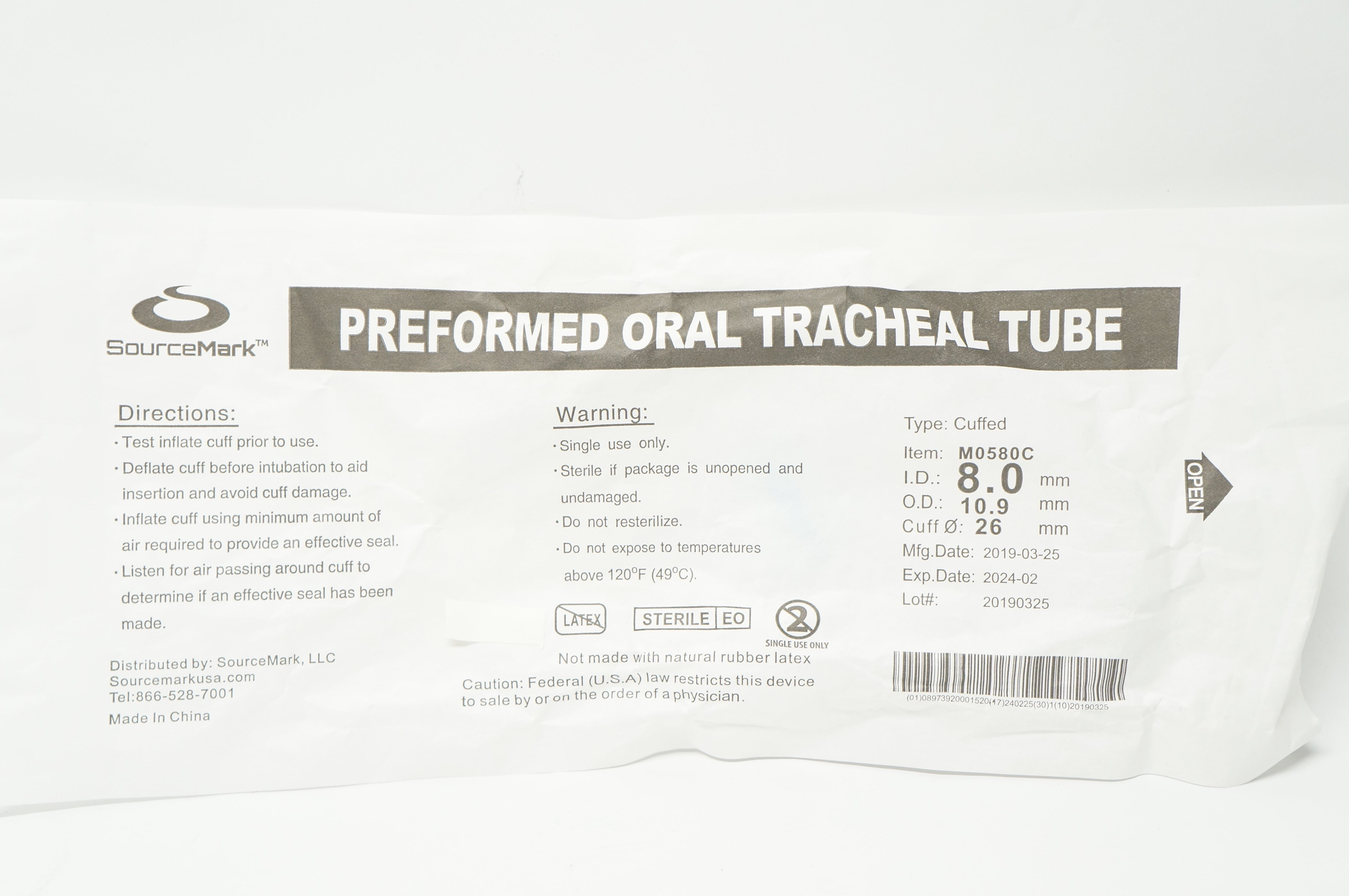 SourceMark M0580C Preformed Oral Tracheal Tube 8.0 mm x 10.9 mm x 26 mm
