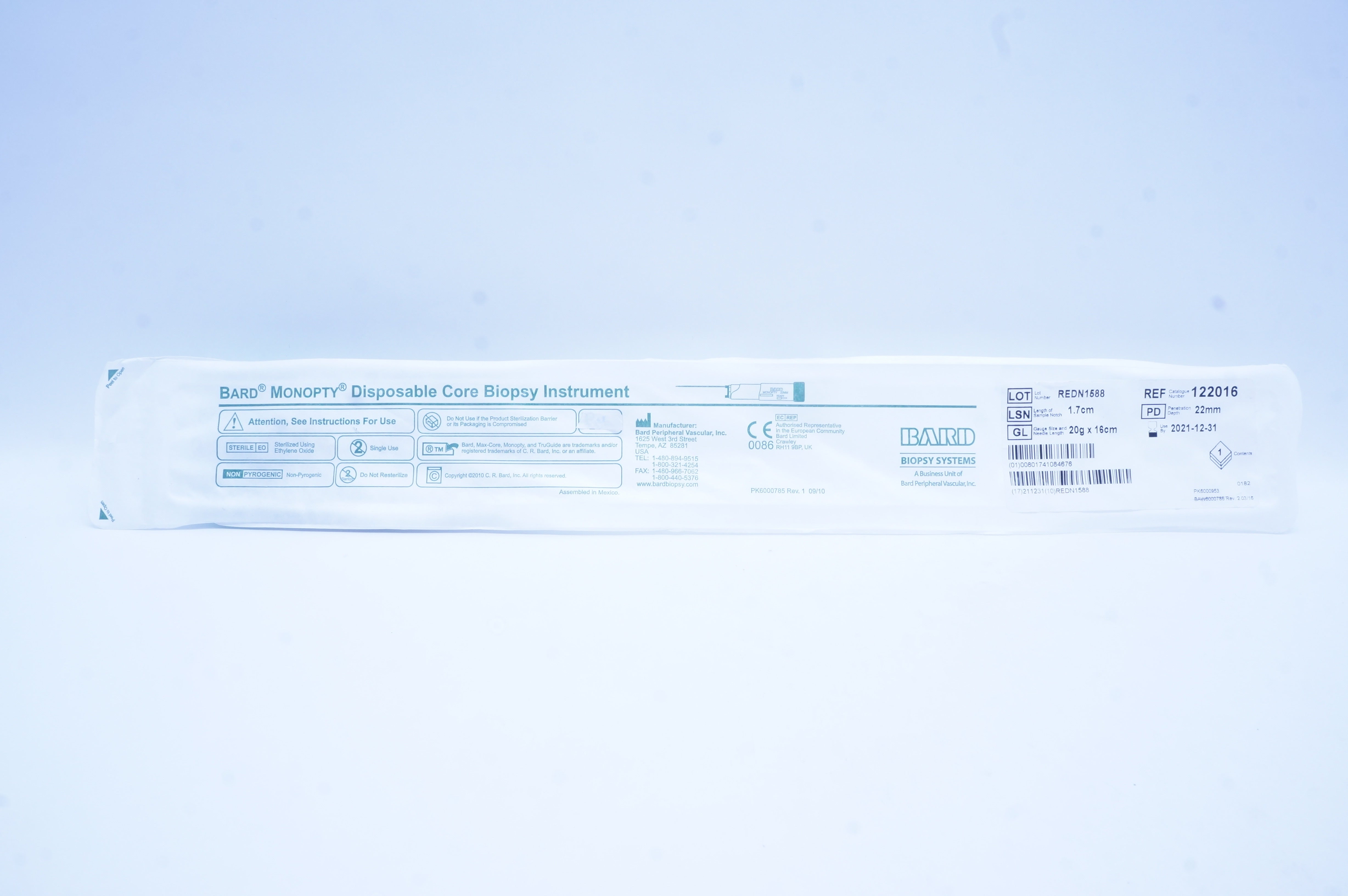 Bard 122016 Monopty Disposable Core Biopsy Instrument 1.7cm x 20g x 16cm