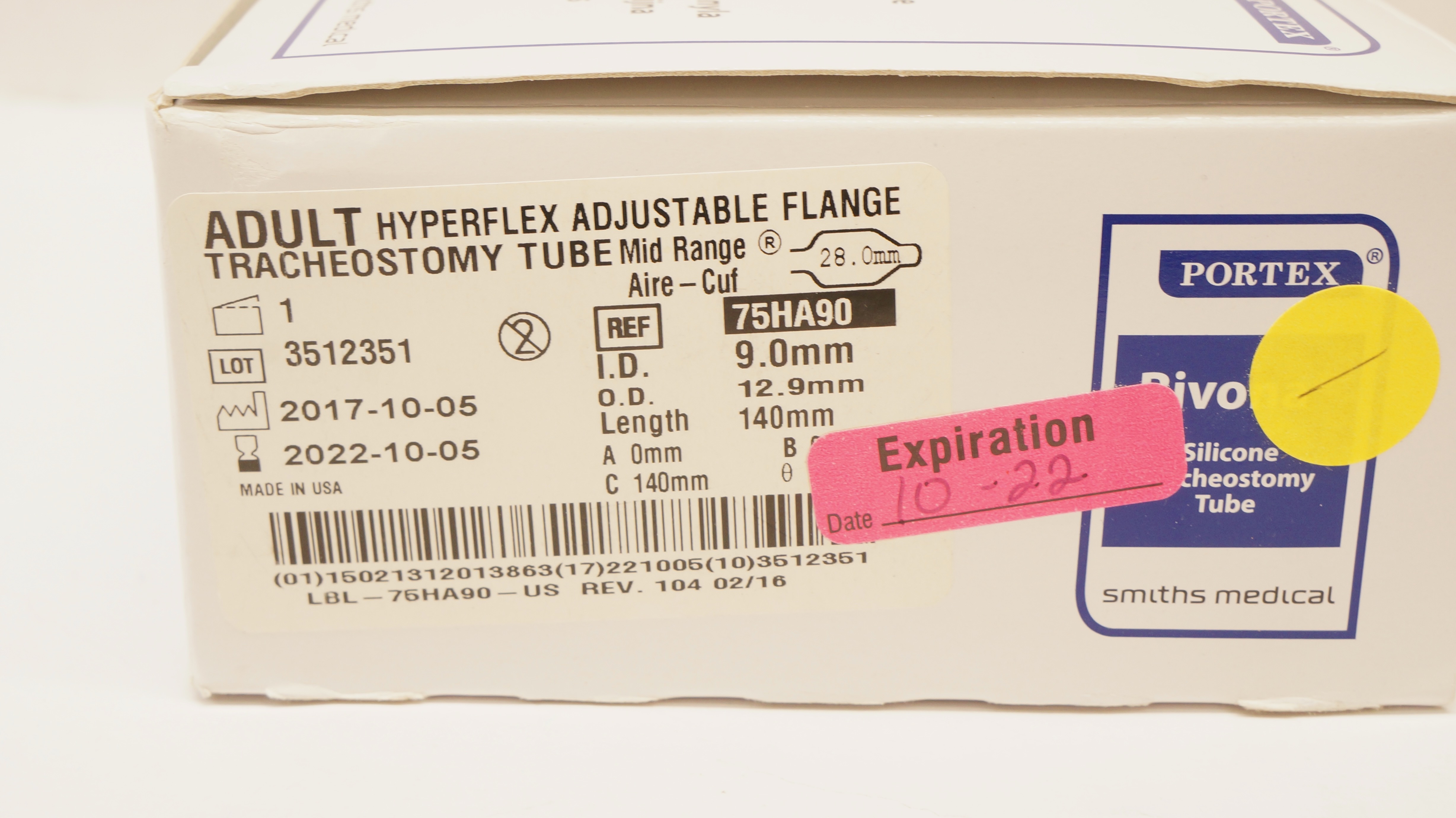 Smiths Medical 75HA90 Portex Adult Tracheostomy Tube 9.0 ID x 12.9 OD x 140mm(x)