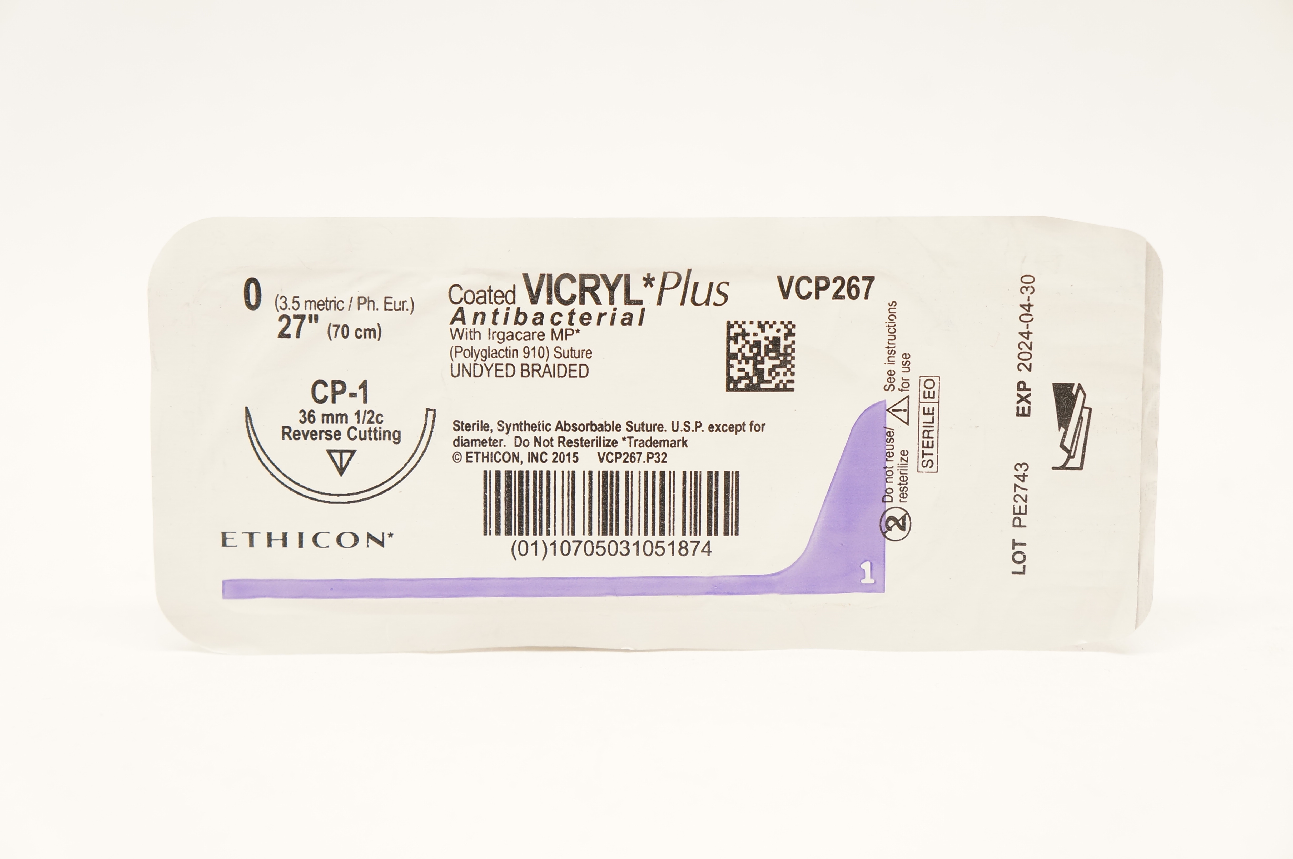 Ethicon VCP267 0 VICRYL Plus, CP-1 36mm 1/2c Reverse Cutting, Antibacterial, 27