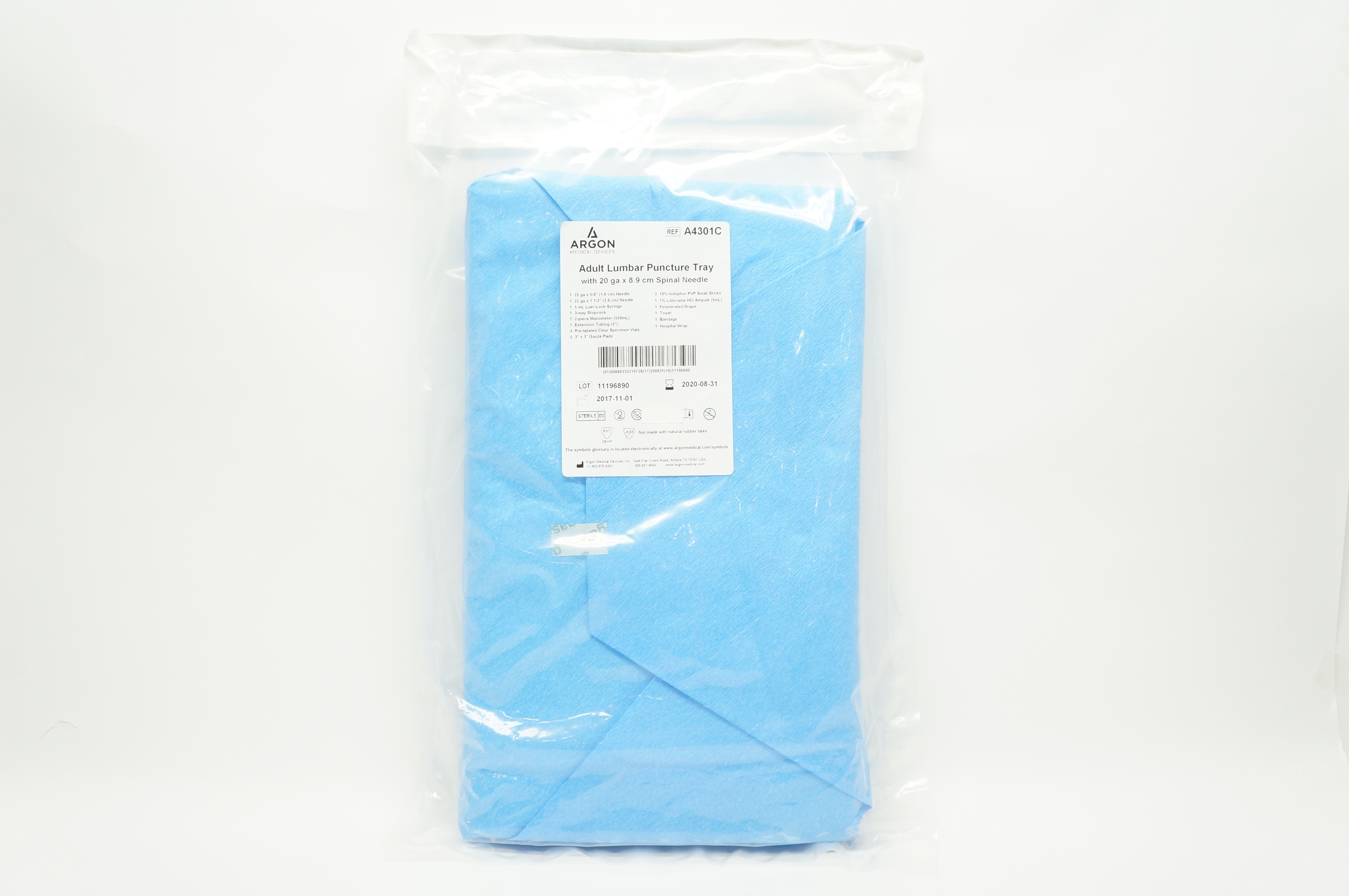 Argon A4301C Adult Lumbar Puncture Tray w/Spinal Ndle 20 ga x 8.9 cm (x)