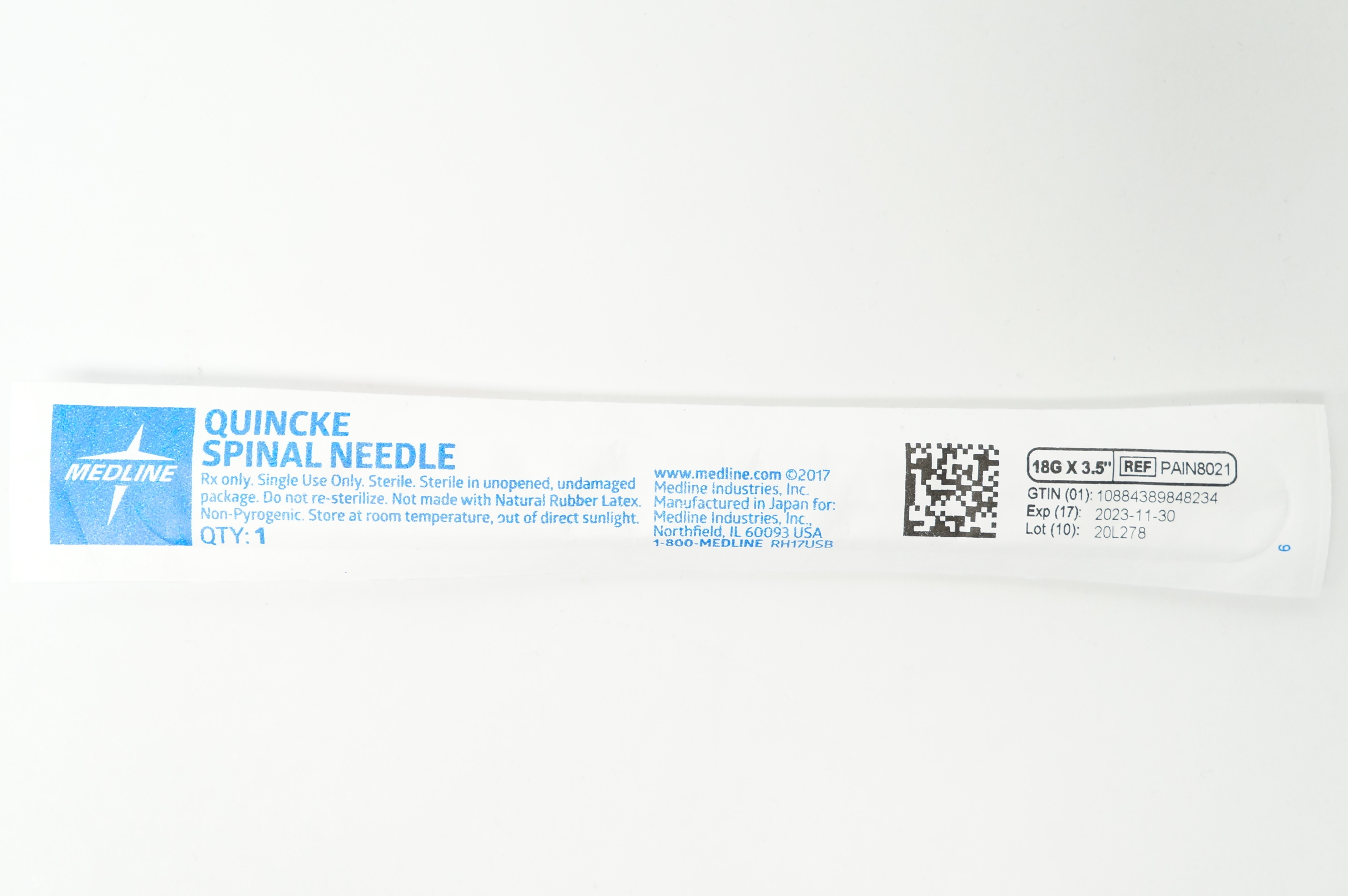Medline PAIN8021 Quincke Spinal Ndle 18G x 3.5inch