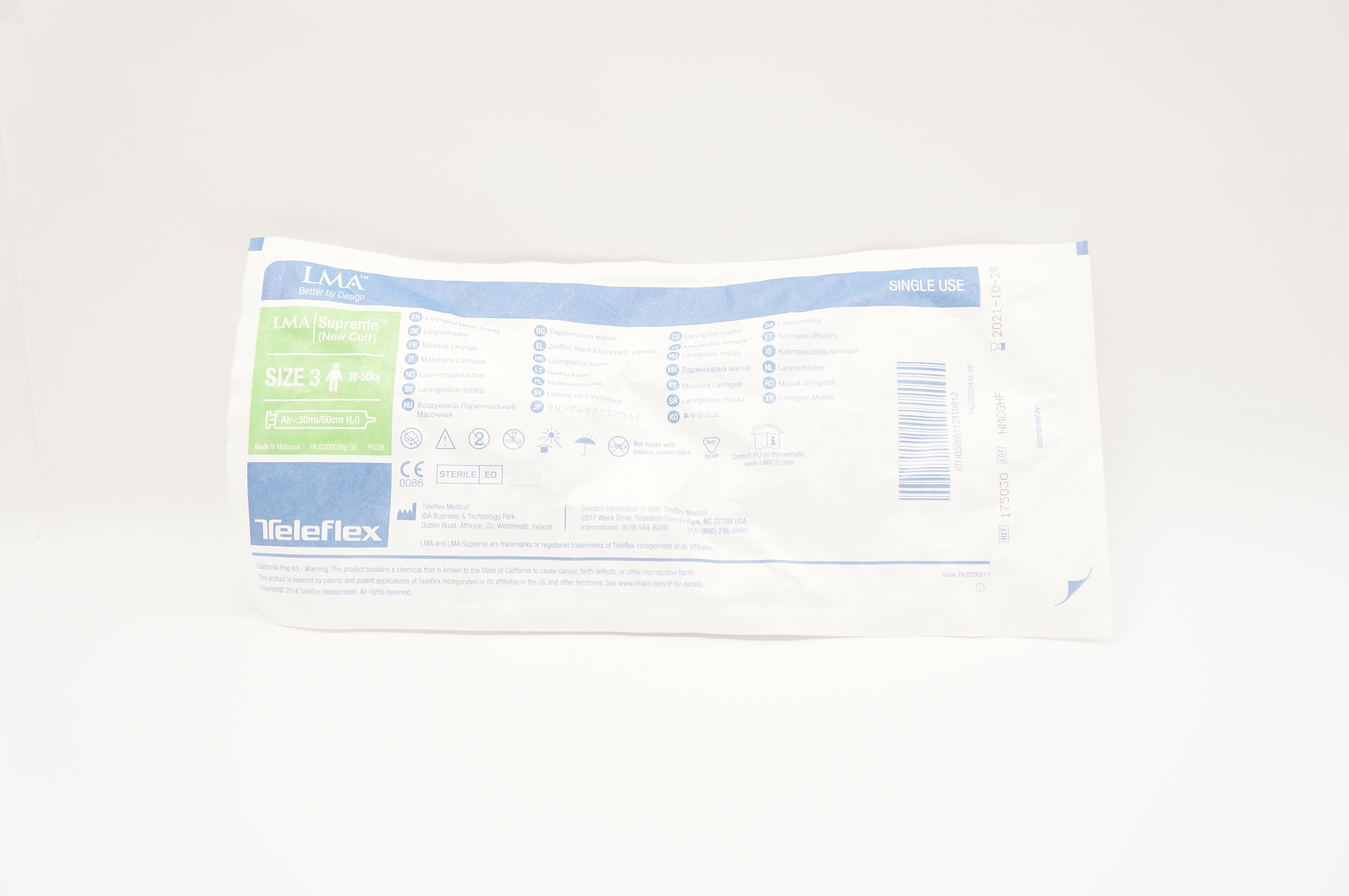 Teleflex 175030 LMA Supreme Laryngeal Mask Airway, Size 3, 30ml / 60cm H2O