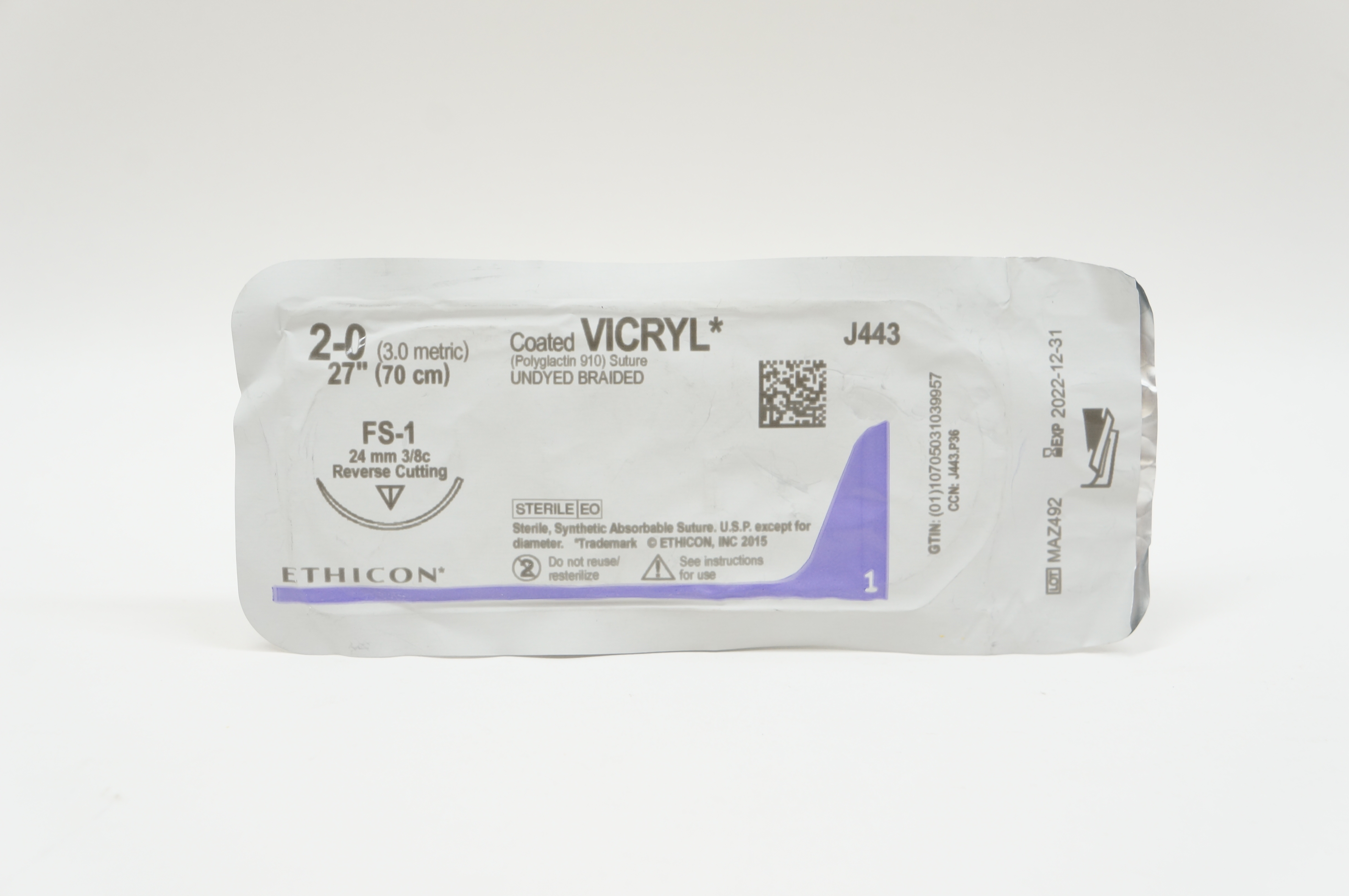 Ethicon J443 2-0 Coated VICRYL Stre FS-1 24mm 3/8c Reverse Cutting 27inch (x)