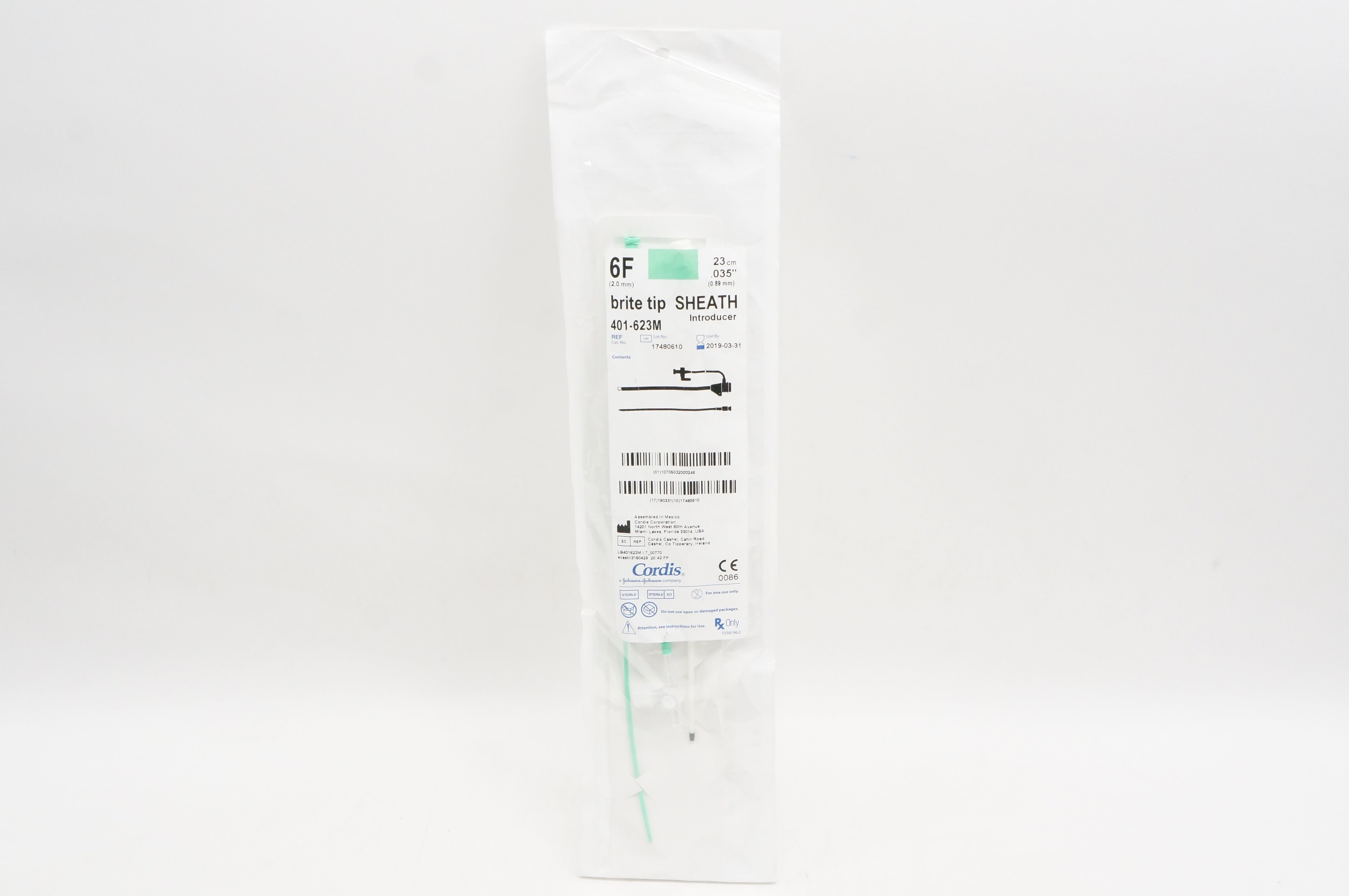 Cordis 401-623M Brite Tip Sheath Introducer, 6Fr x 0.035 inch x 23cm (x)