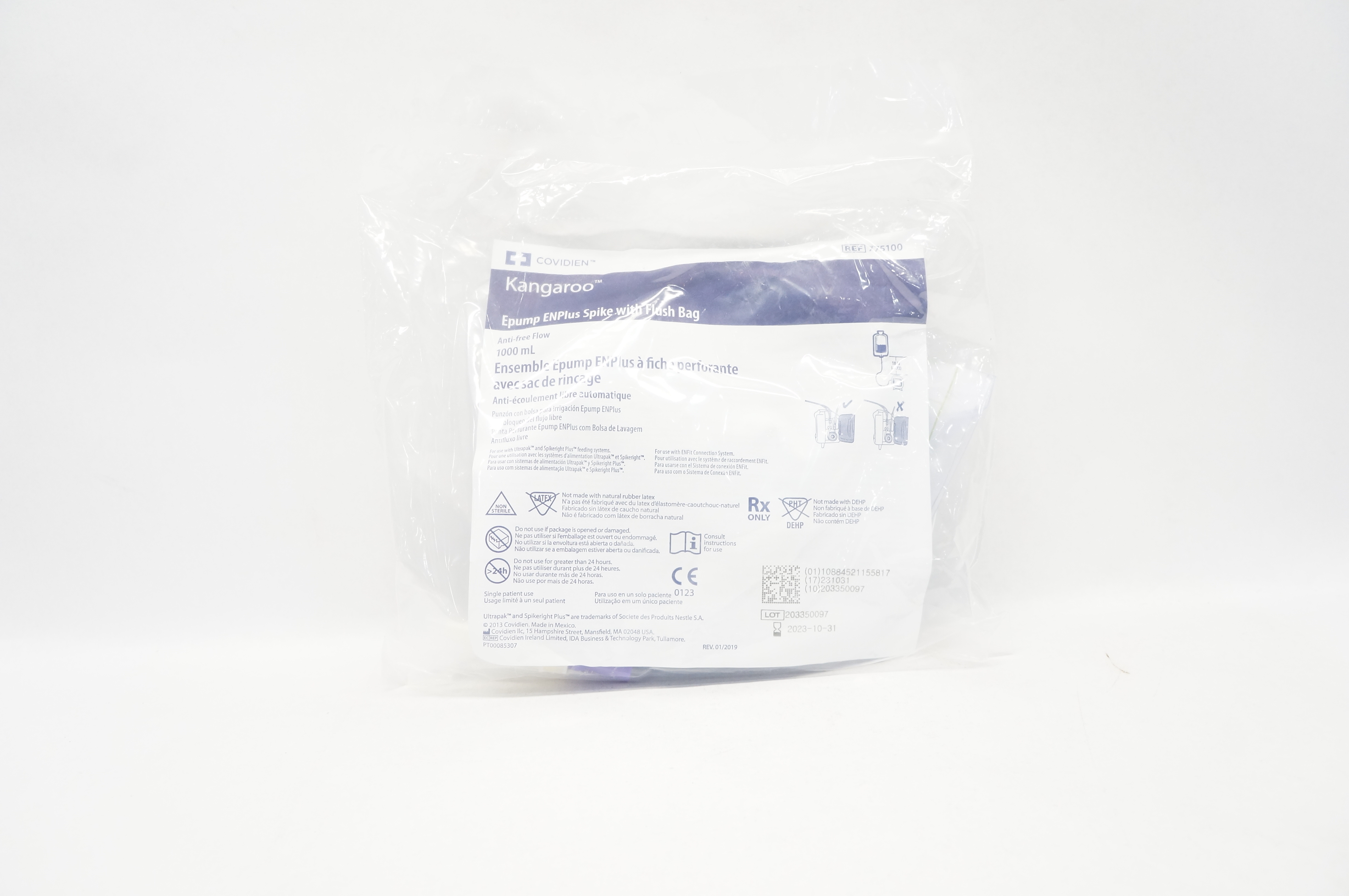 Covidien 775100 Kangaroo Epump ENPlus Spike with Flush Bag 1000mL