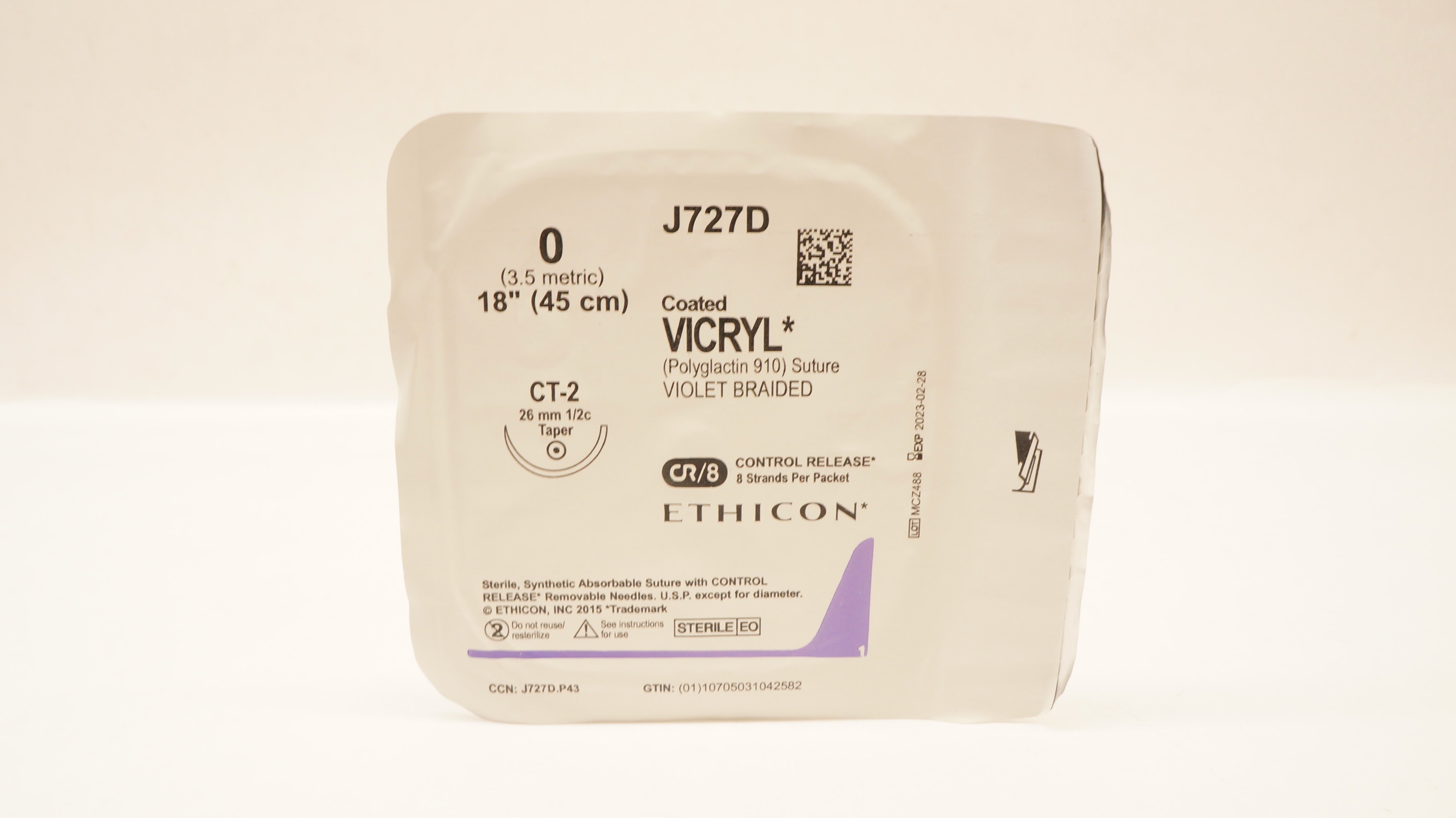 Ethicon J727D 0 Coated VICRYL Polyglactin Stre CT-2 26mm 1/2c Taper 18inch (x)