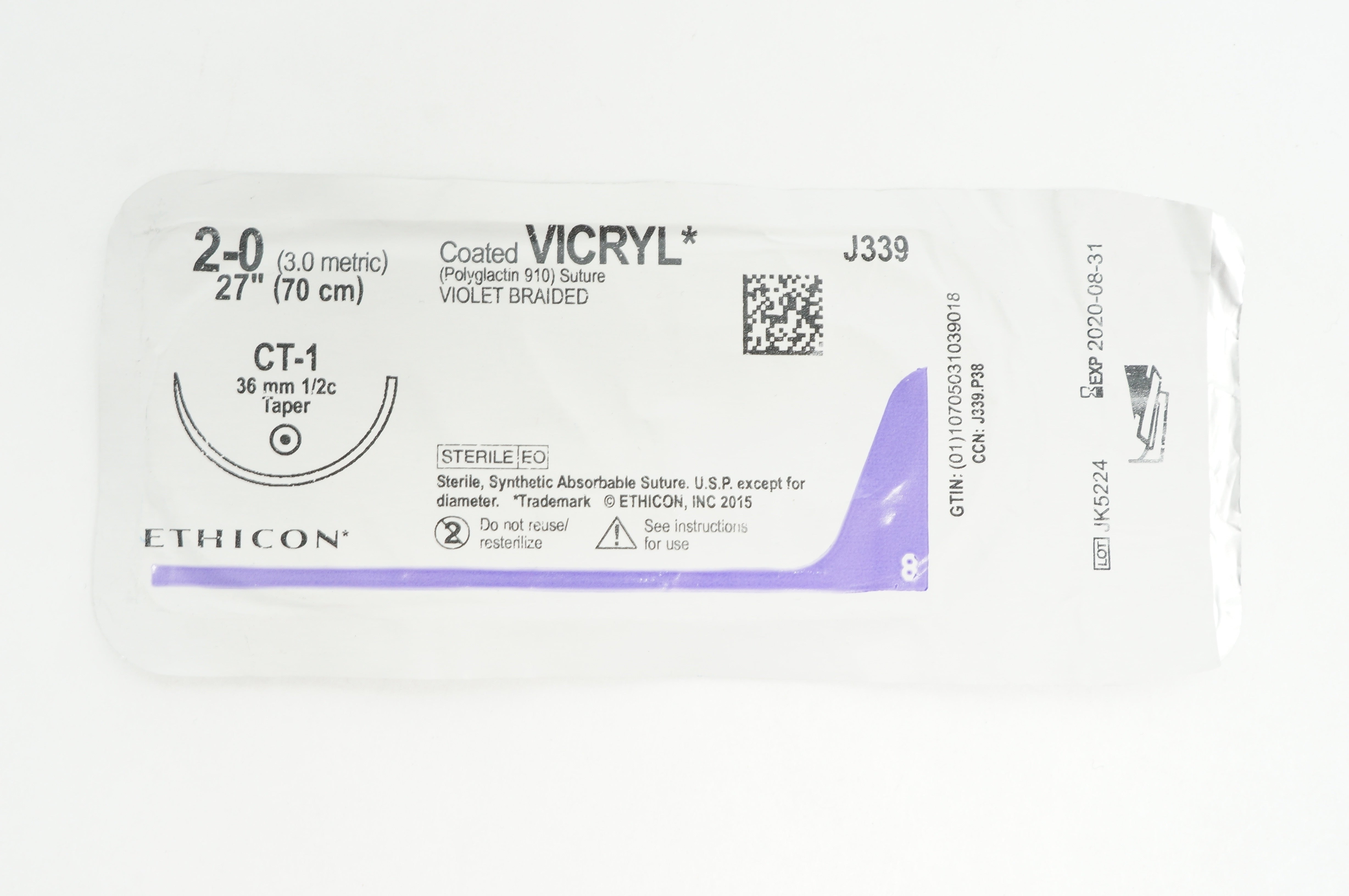 Ethicon J339 2-0 Coated VICRYL Stre CT-1 36mm 1/2c Taper, 27 inch (x)