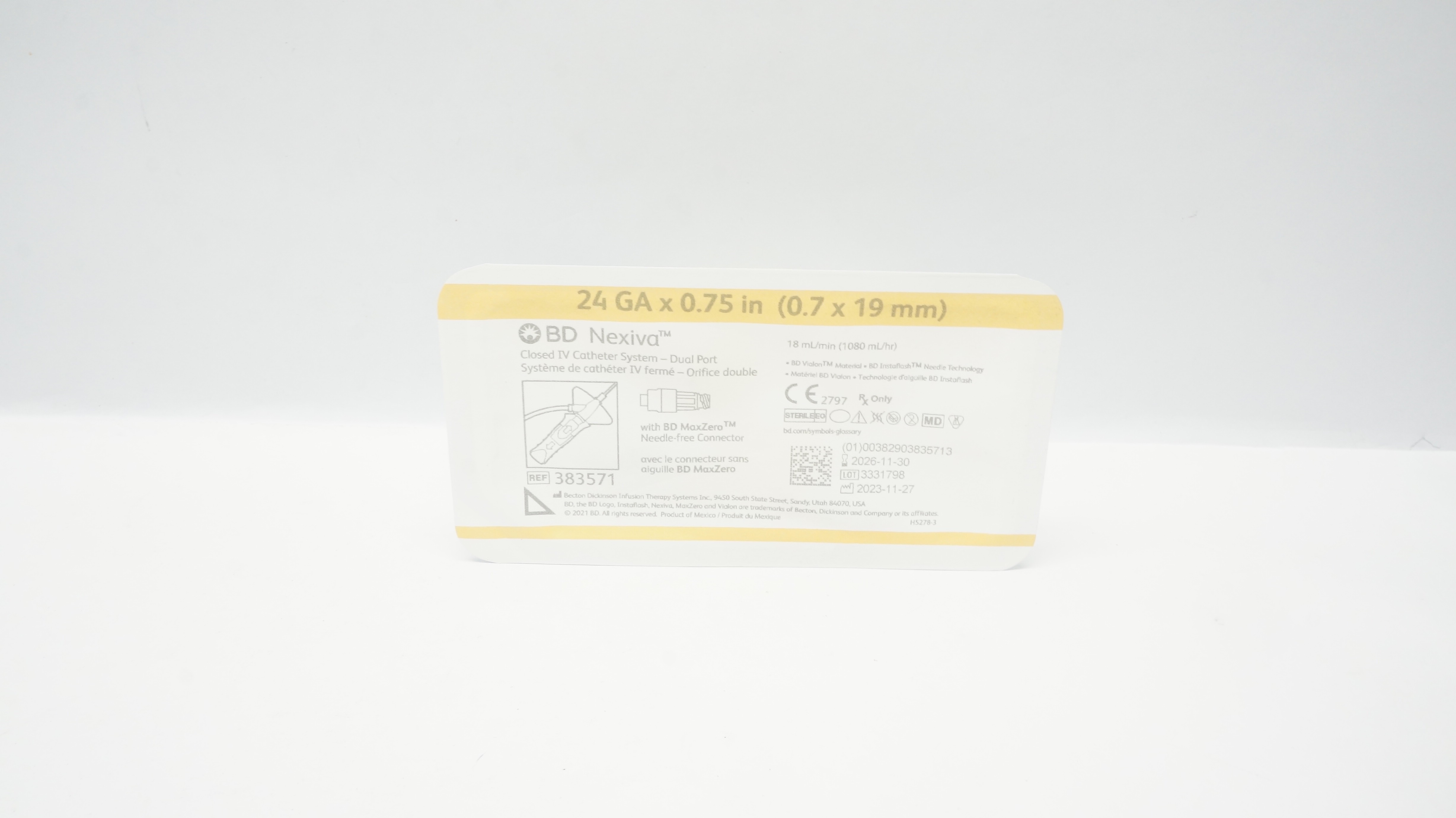 BD 383571 Nexivia Closed IV Cath. System Dual Port 24GA X 0.75IN