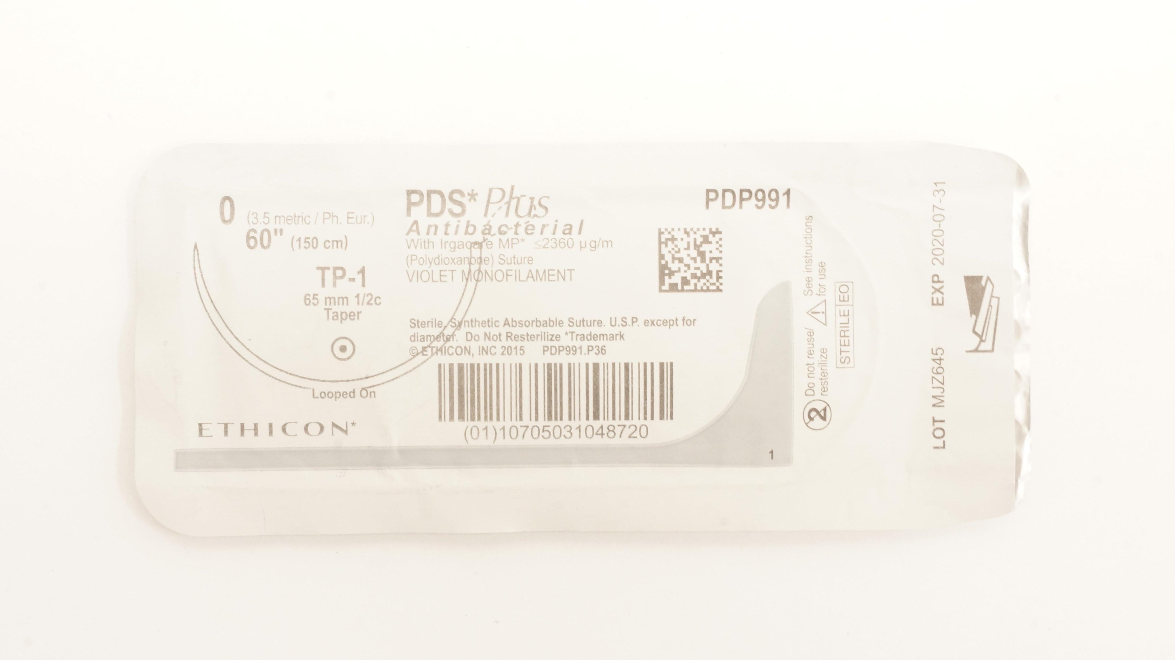 Ethicon PDP991 0 PDS  Plus Antibacterial Stre TP-1, 65mm 1/2c Taper, 60inch (x)