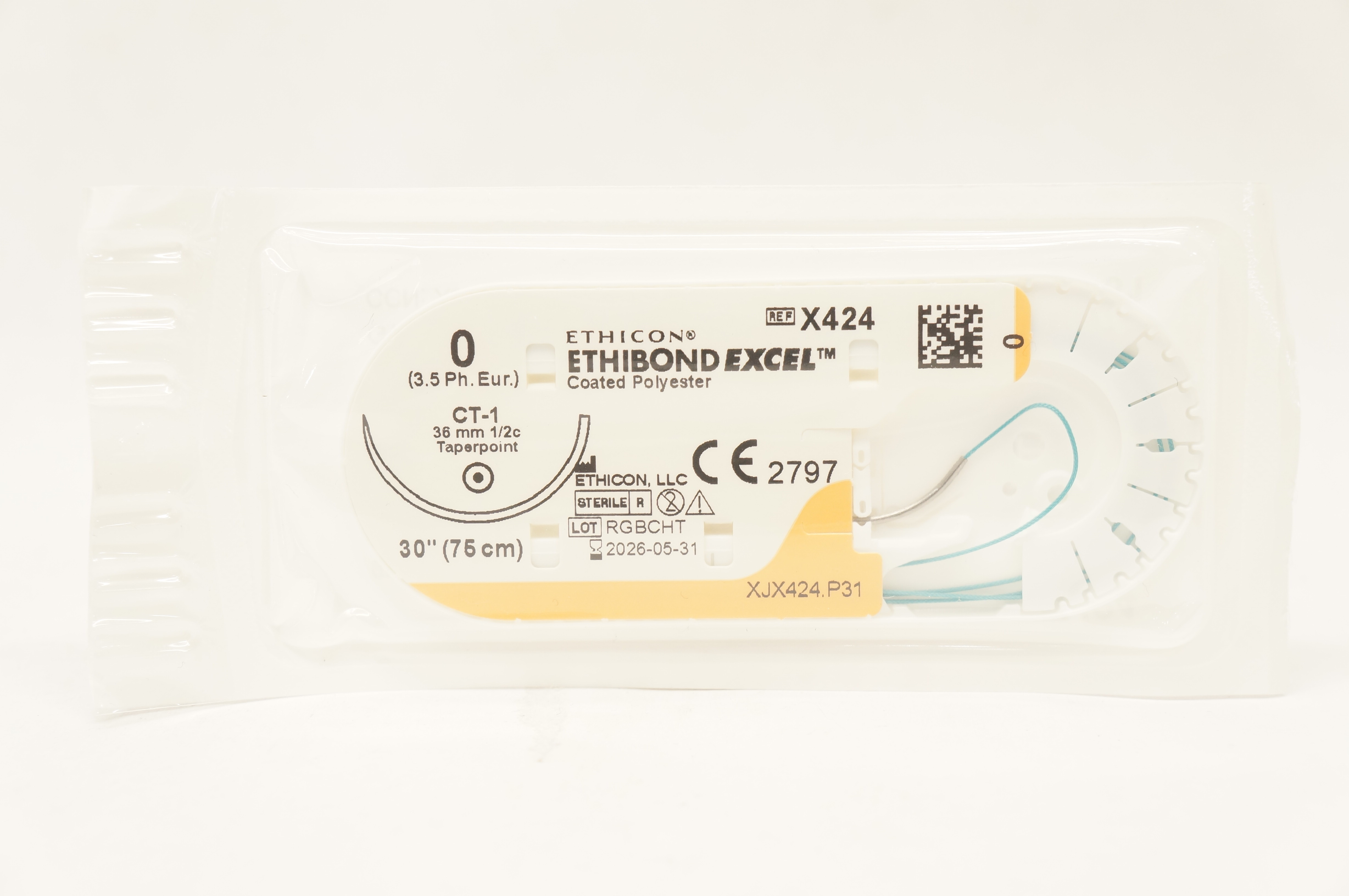 Ethicon X424 0 ETHIBOND EXCEL Coated Polyester CT-1 36mm 1/2c Taper, 30inch