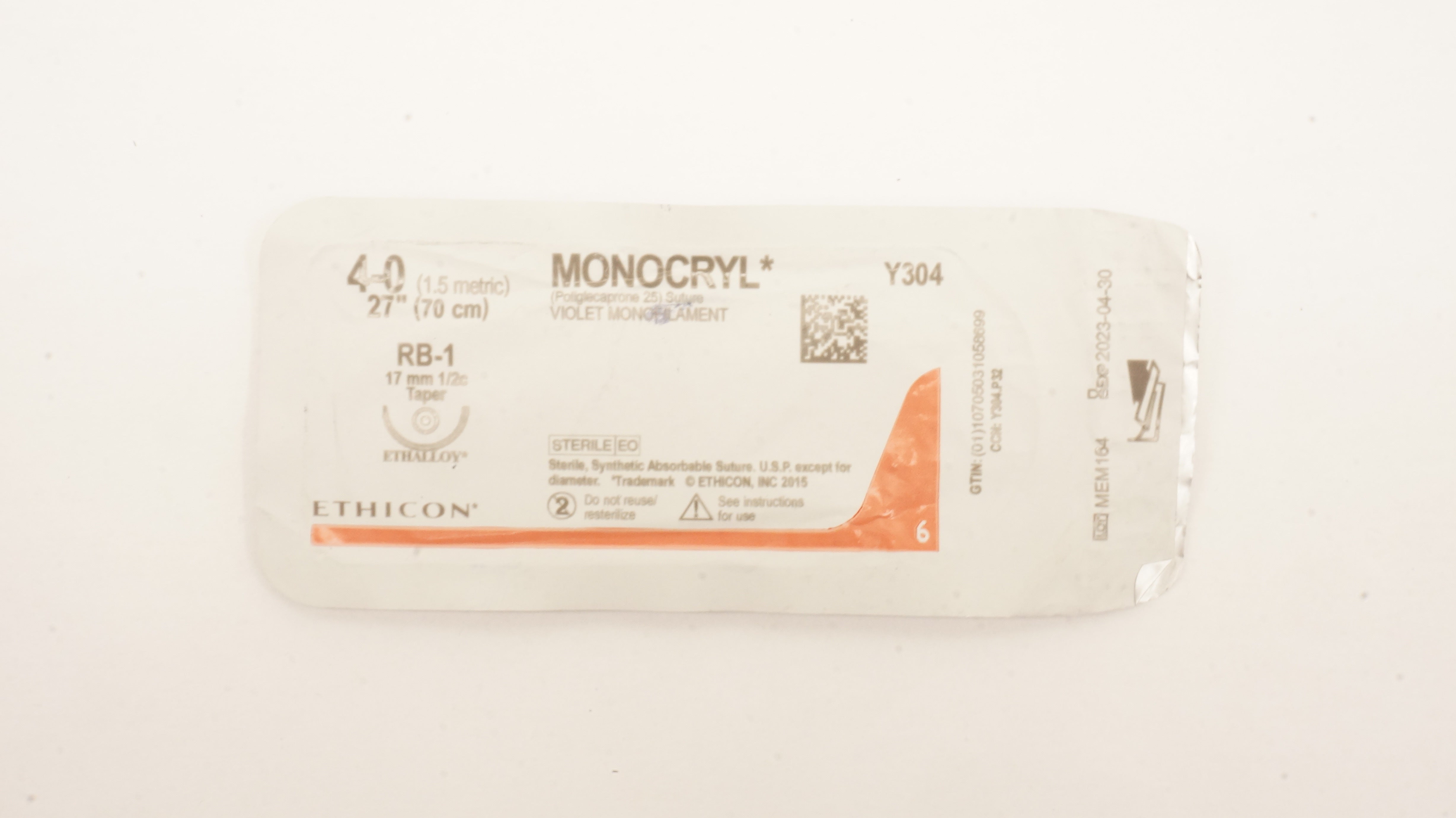 Ethicon Y304 4-0 Monocryl Violet Monofilament, RB-1 17mm 1/2c Taper, 27inch