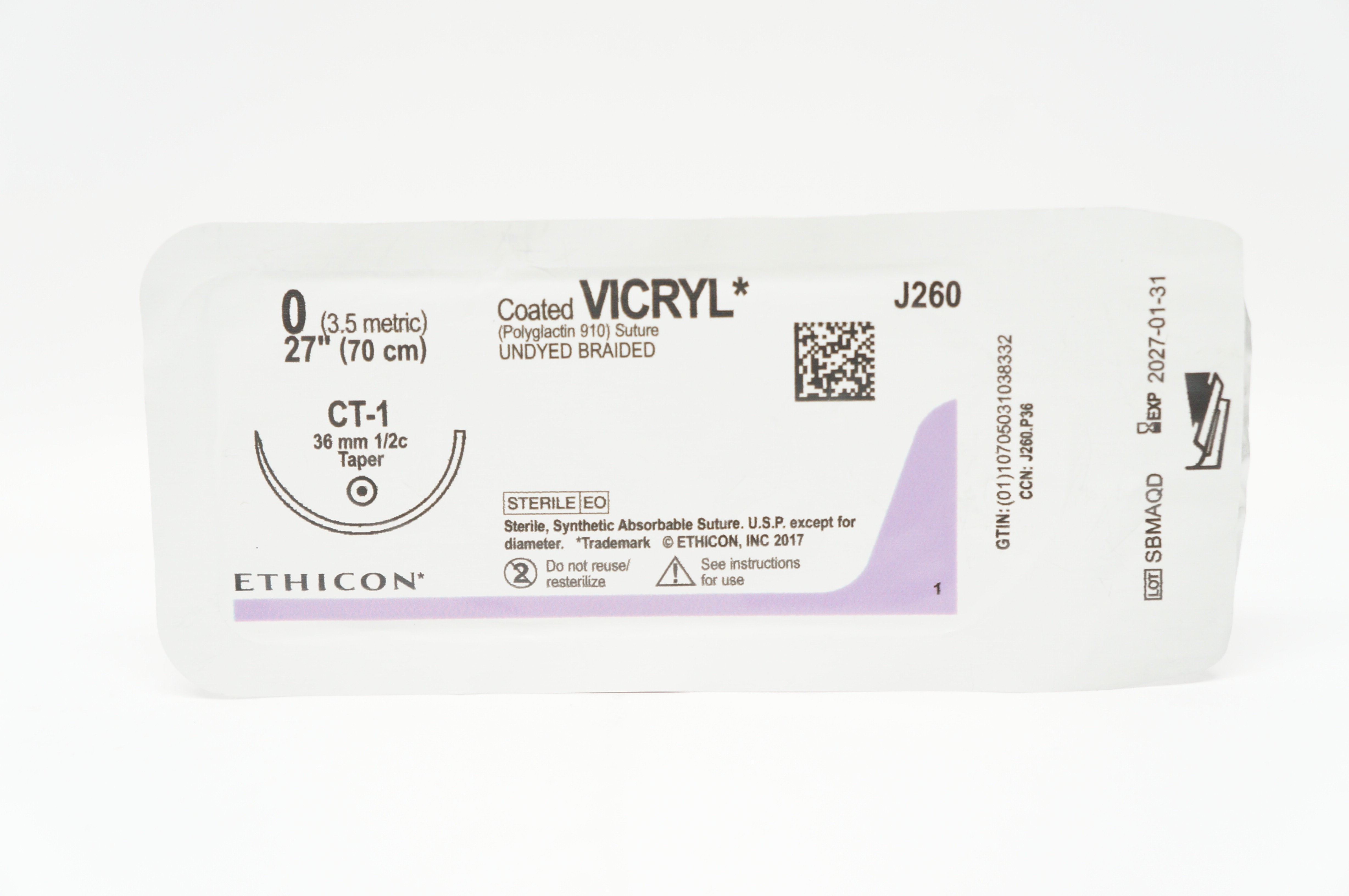 Ethicon J260 0 Coated VICRYL Undyed Braided CT-1 36mm 1/2c Taper, 27 inch