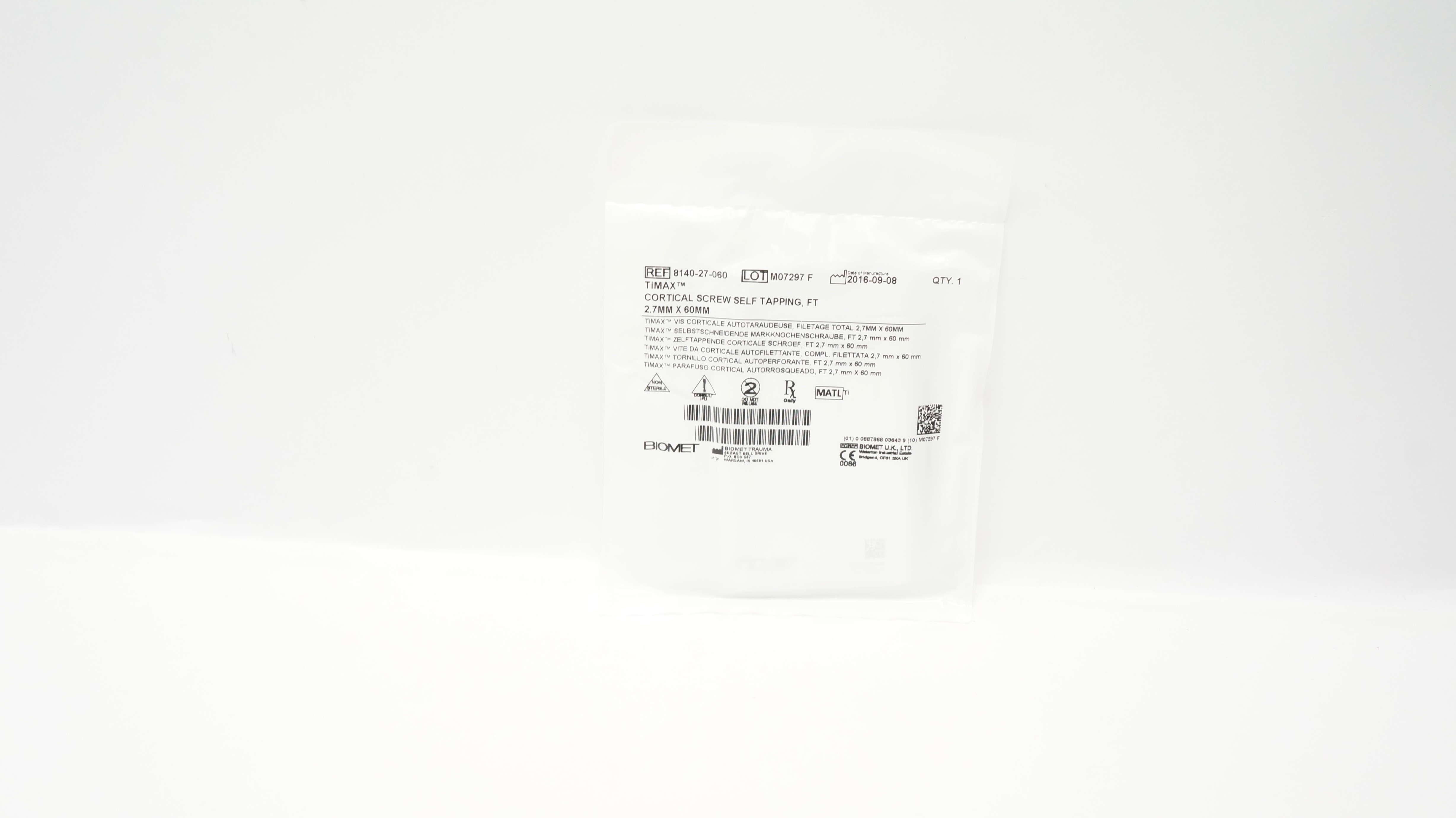 Biomet 8140-27-060 Timax Cortical Screw Self Tapping, FT, 2.7mm x 60mm