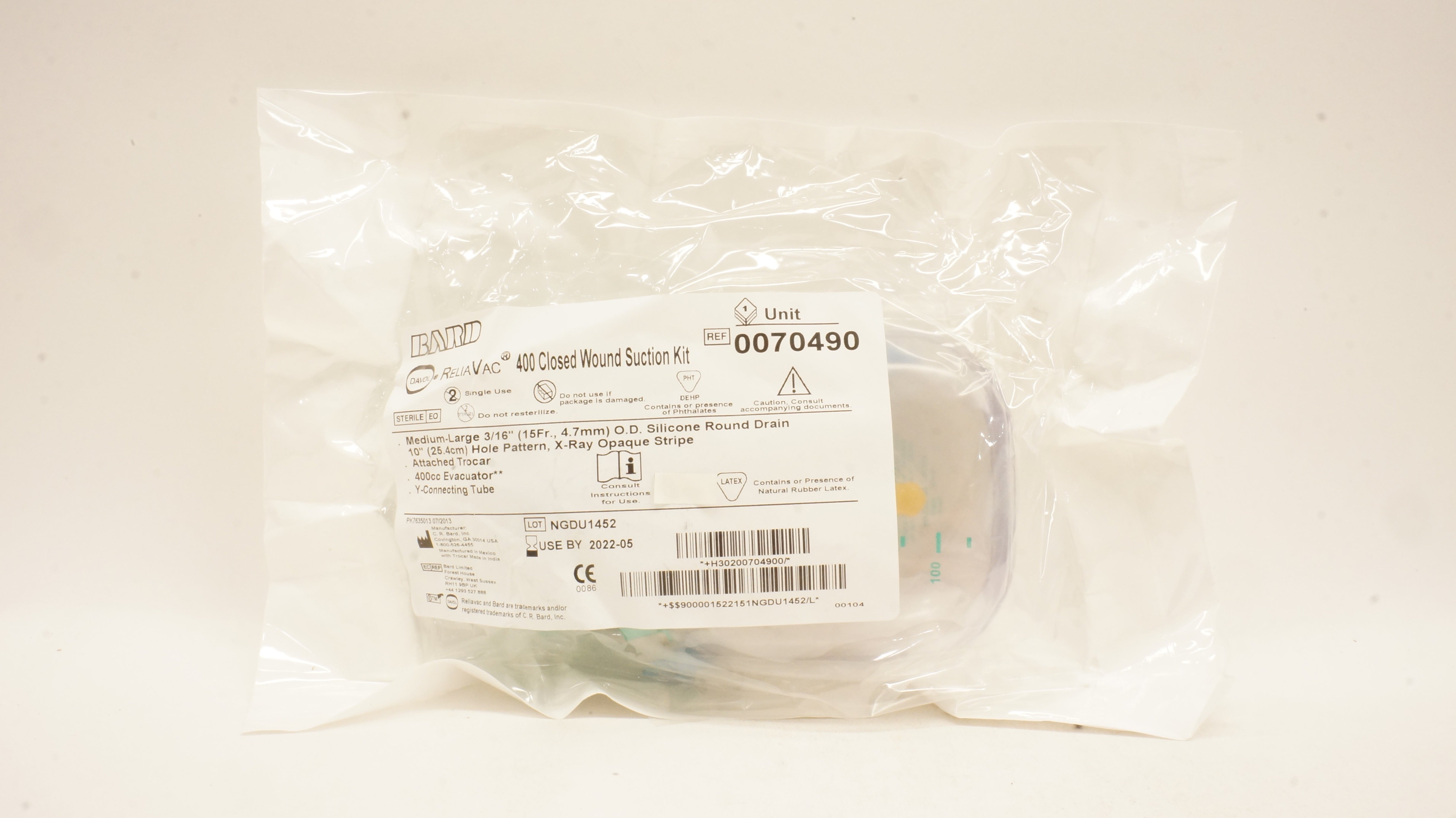Bard 0070490 Davol ReliaVac 400 Closed Wound Suction Kit Medium-Large 15Fr