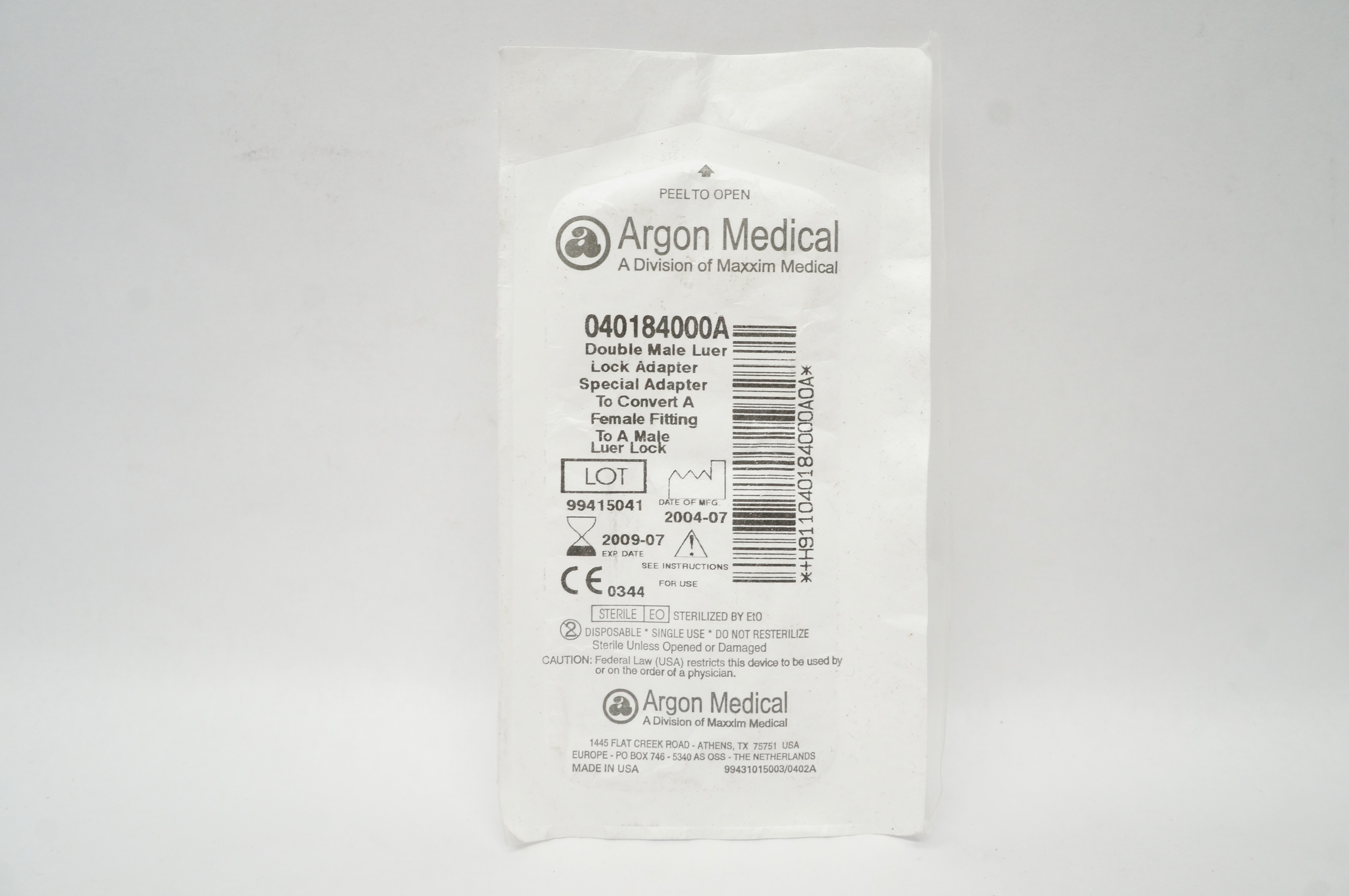 Argon 040184000A Double Male LL Adapter (x)