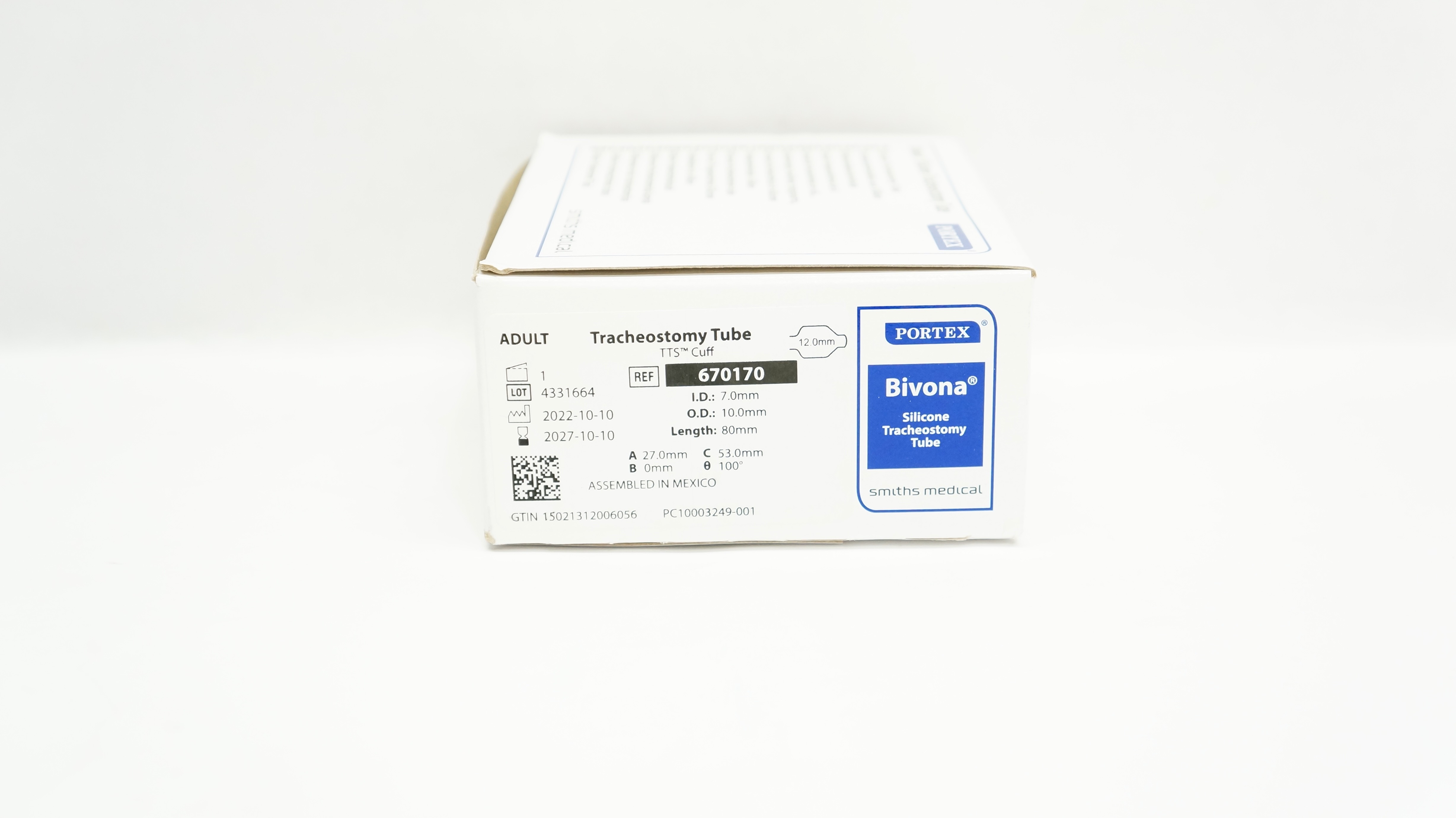 Smiths Medical 670170 Portex Adult Tracheostomy Tube 7.0ID x 10.0OD x 80mm