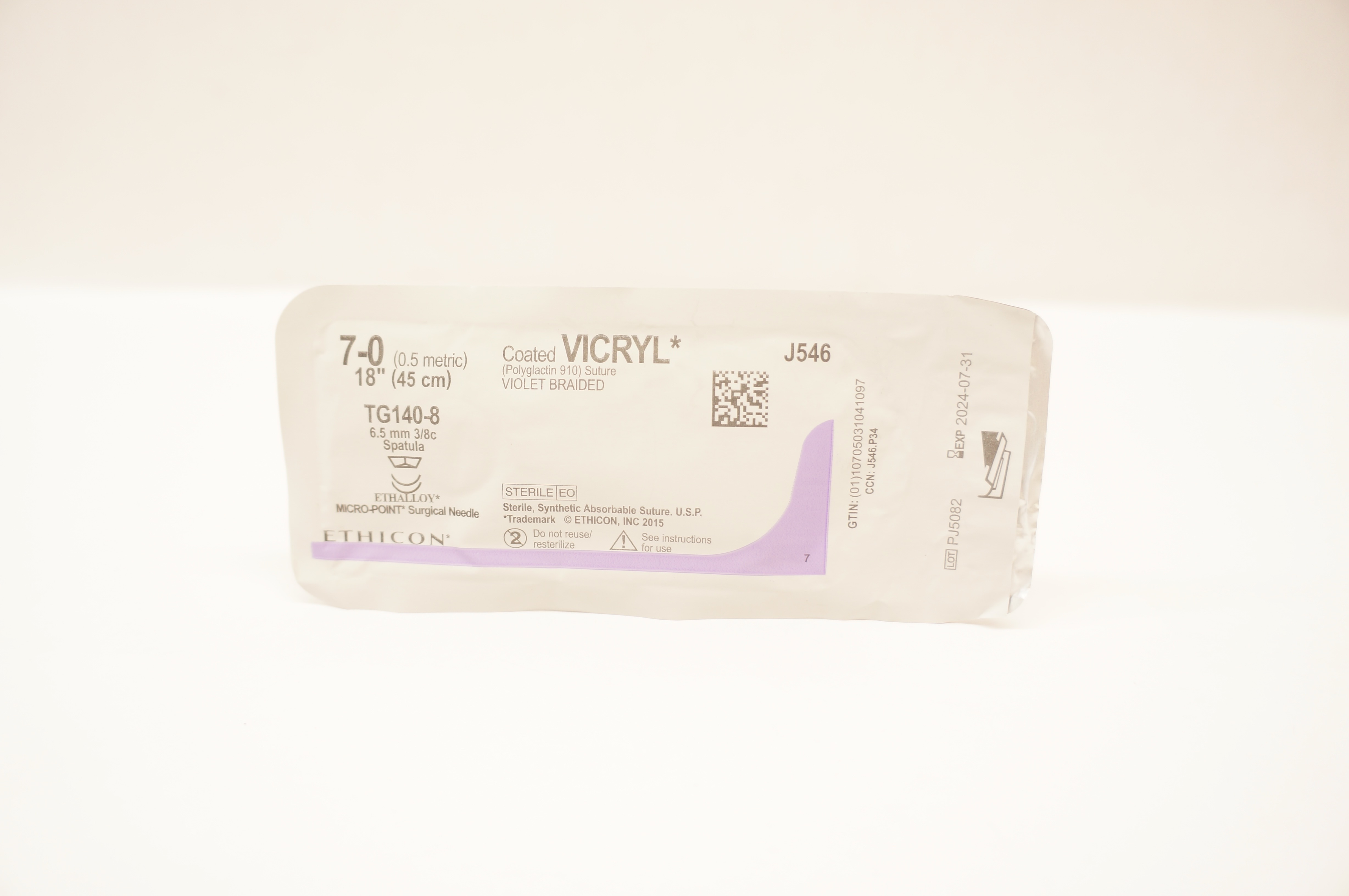 Ethicon J546 7-0 VICRYL, TG140-8, 6.5mm 3/8c Spatula, 18inch