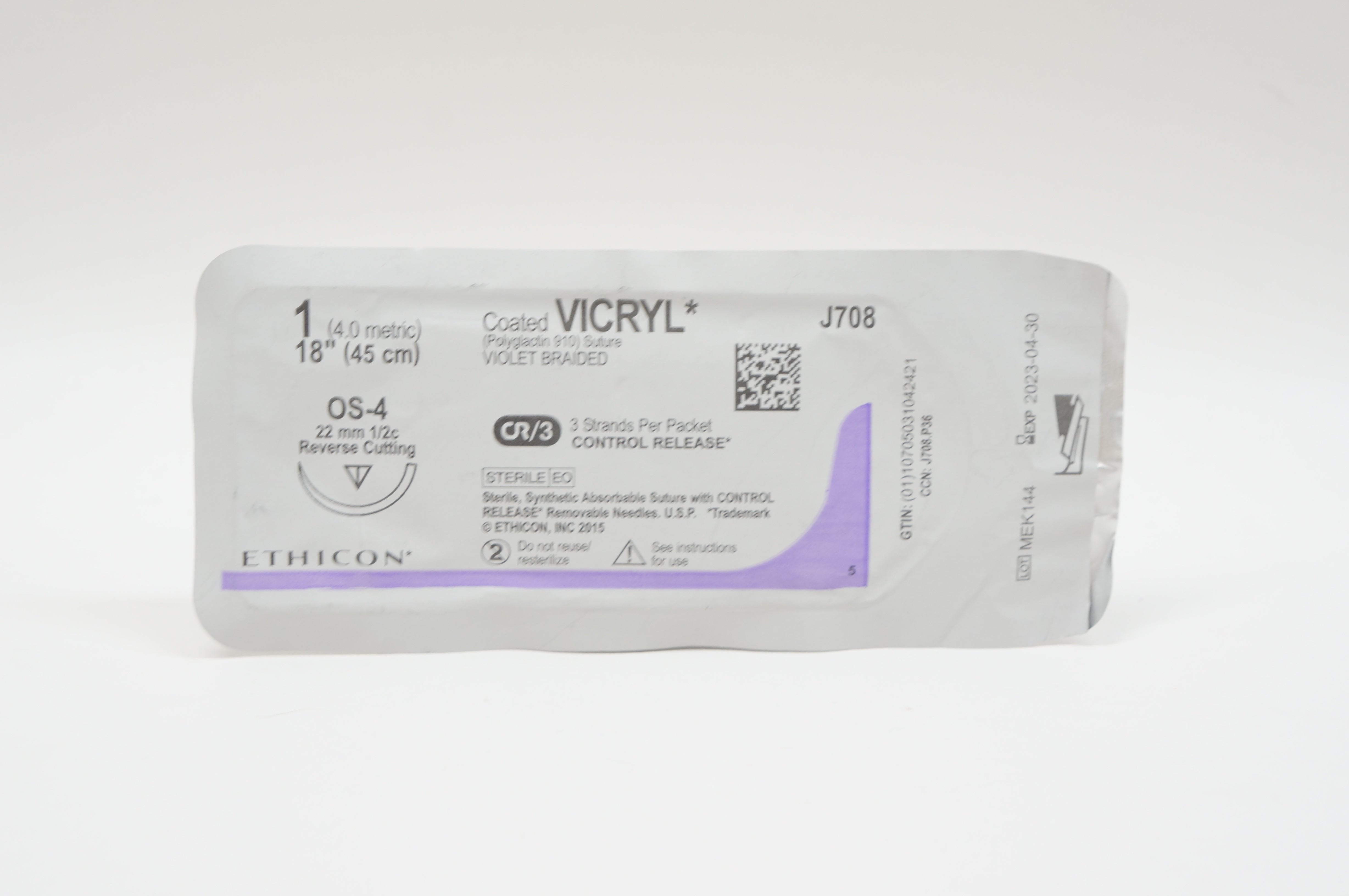 Ethicon J708 1 VICRYL, OS-4, 22mm 1/2c Reverse Cutting, 18inch
