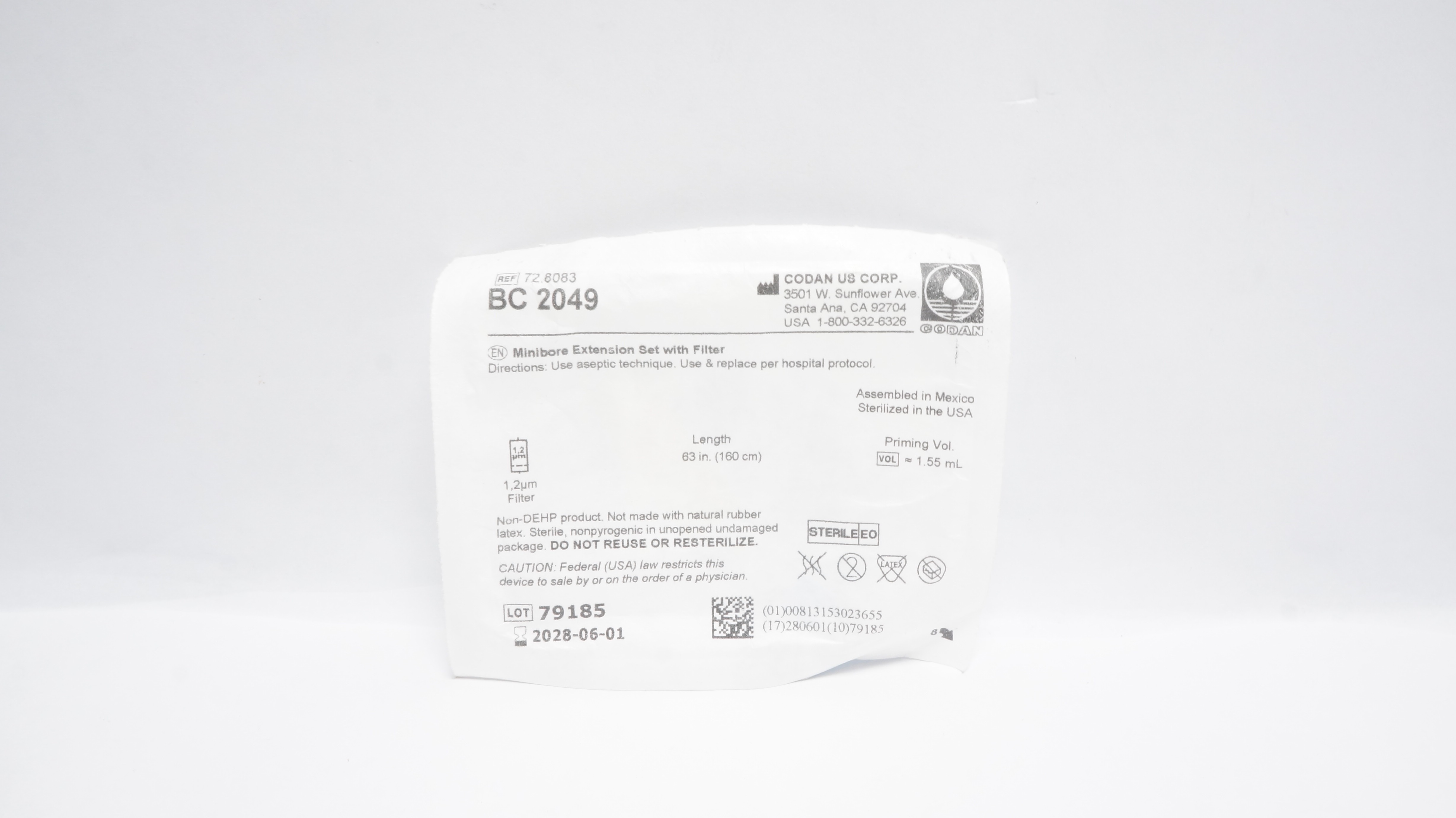 Codan 72.8083 Minibore Extension Set w/Filter 63inch x 1.2µm Prim.Vol.1.55ml