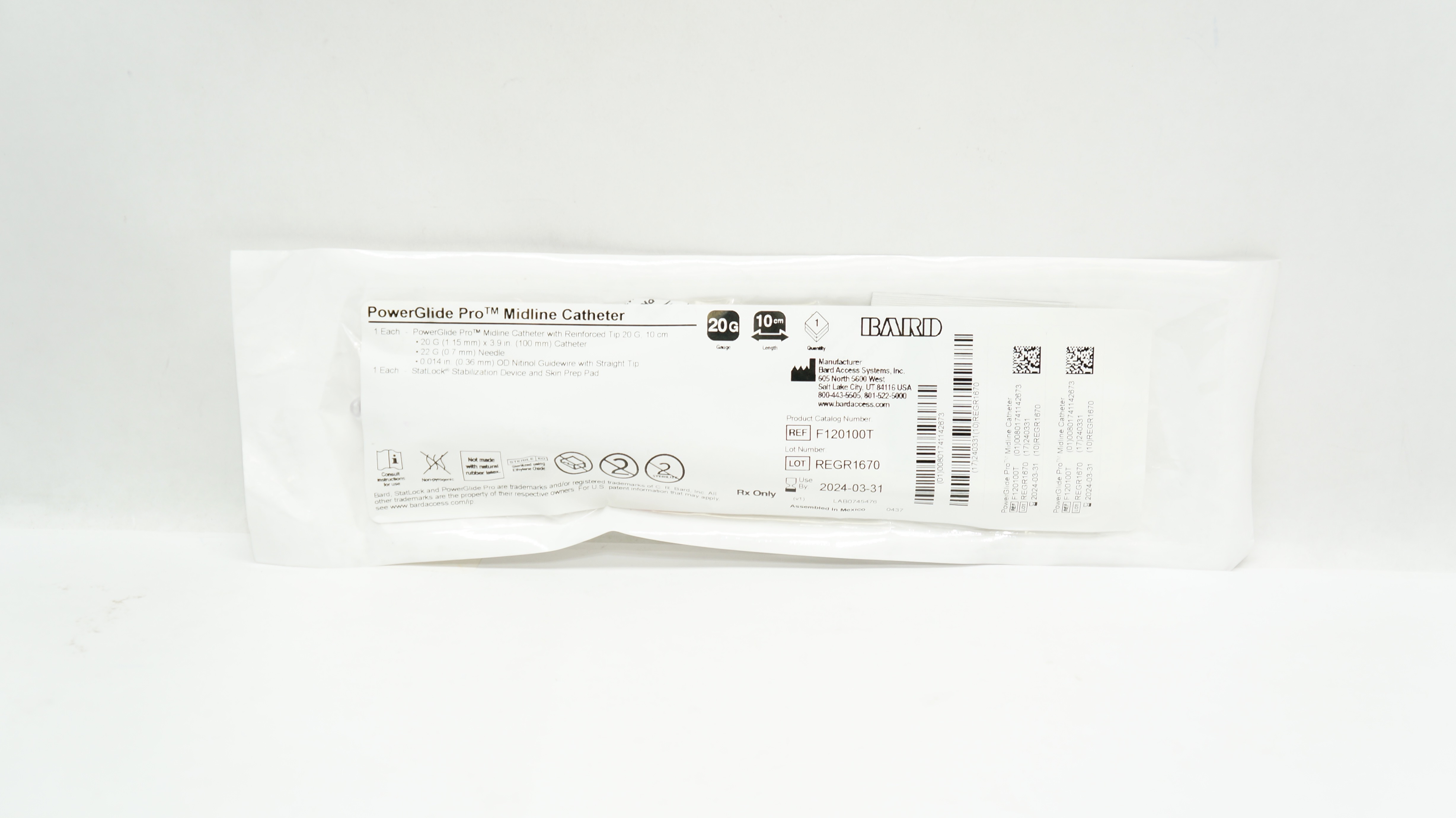 Bard F120100T PowerGlide Pro Midline Cath. w/Reinforced Tip 20G x 3.9inch