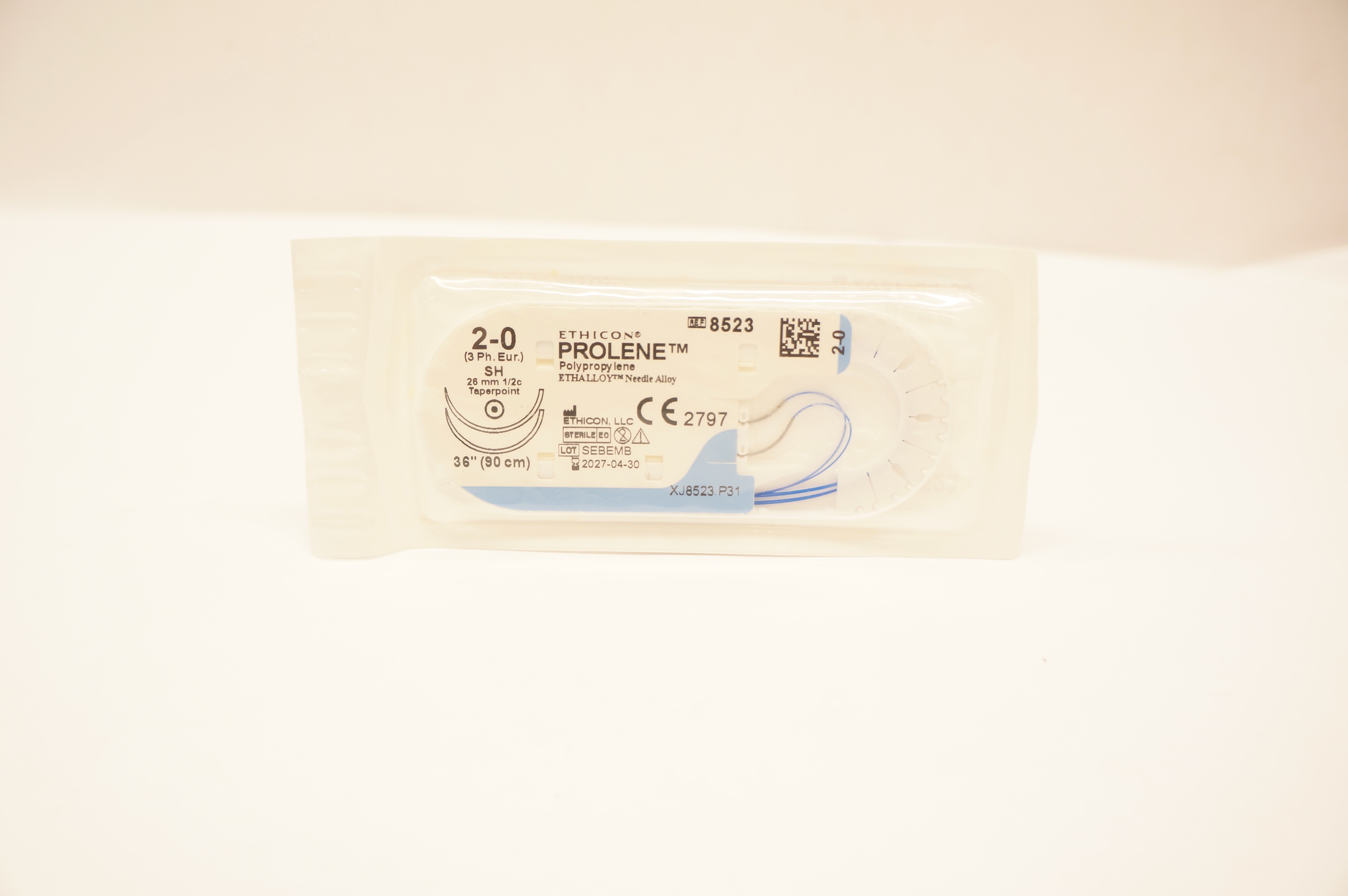 Ethicon 8523 2-0 Prolene Polypropylene Stre SH 26mm 1/2c Taperpoint, 36inch