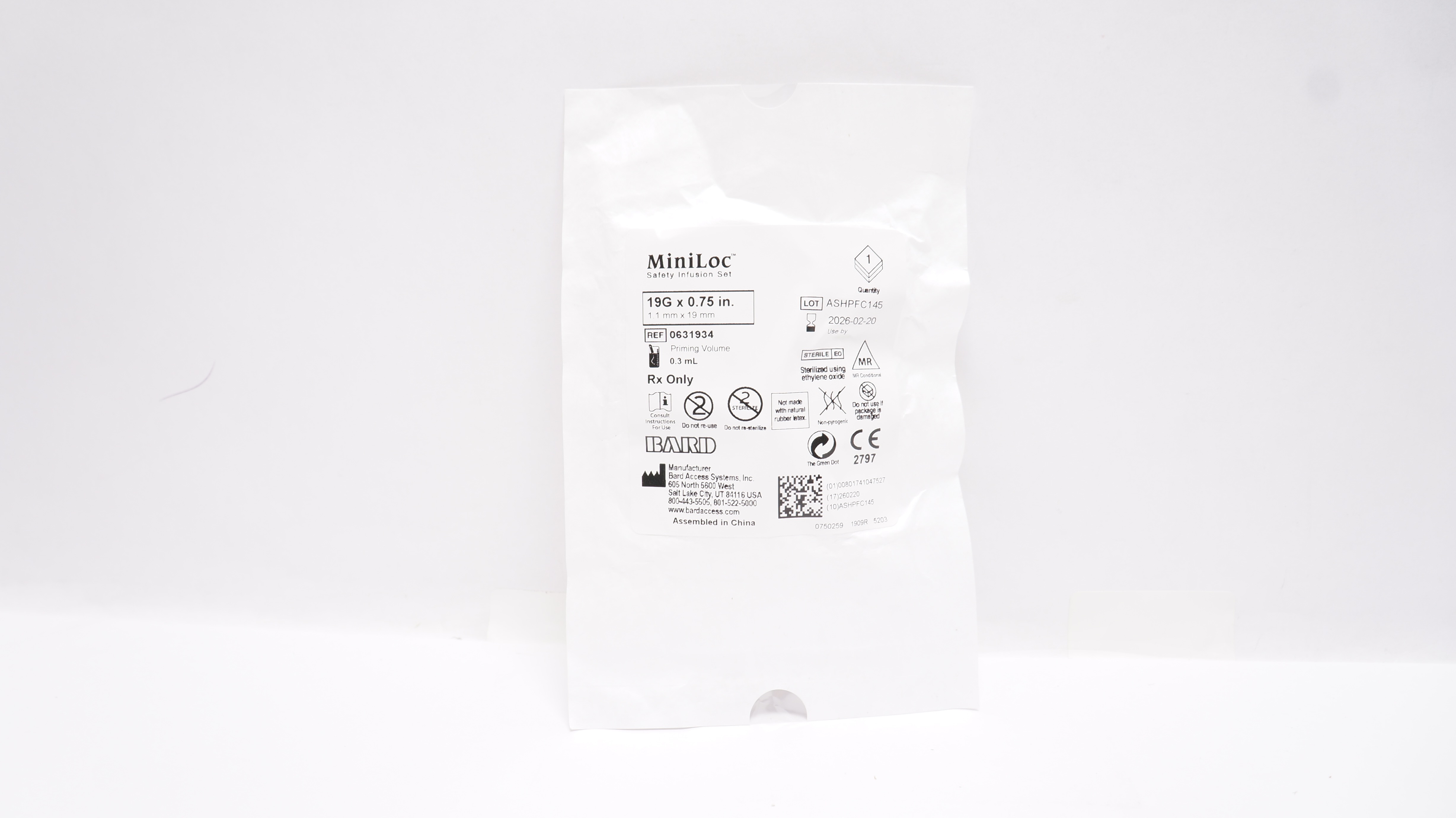 Bard 0631934 Miniloc Safety Infusion Set 19G x 0.75inch Priming Volume 0.3mL