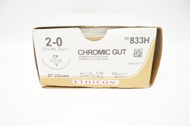 Ethicon 833H 2-0 Chromic Gut, CP, 40mm 1/2c Reverse Cutting, 27inch - Box of 36