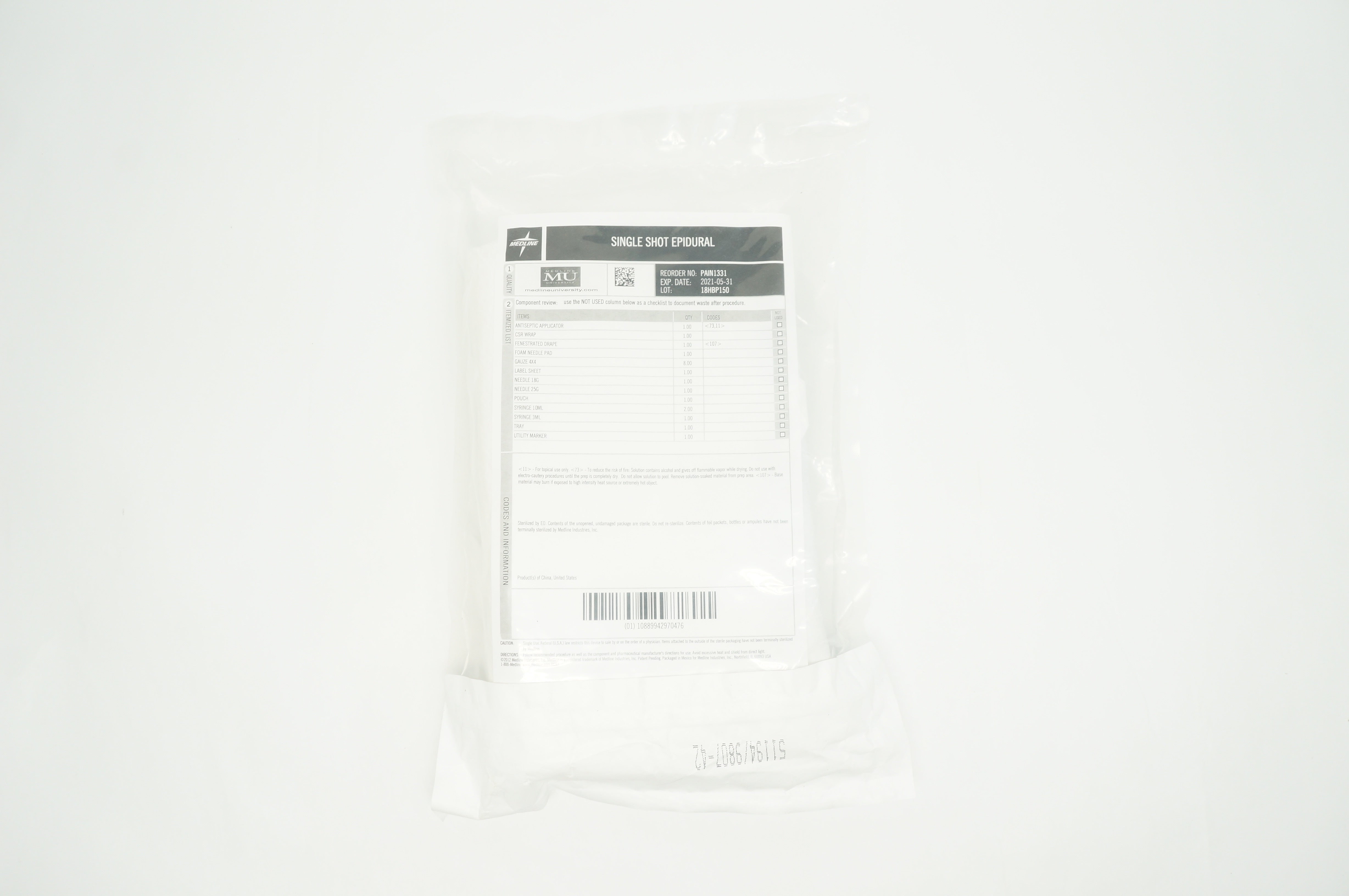 Medline PAIN1331 Single Shot Epidural