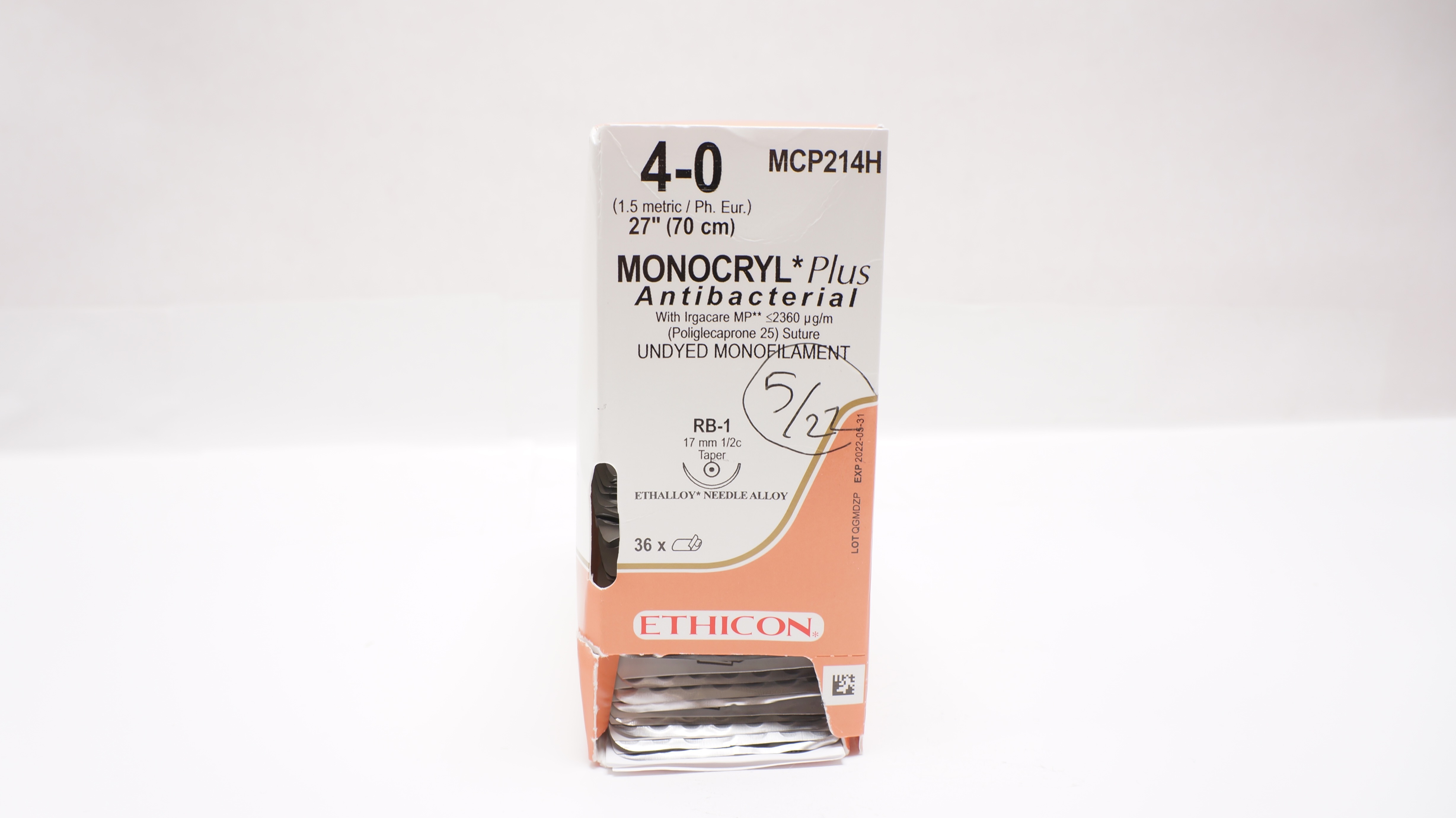 Ethicon MCP214H 4-0 Monocryl Plus, RB-1, 17mm 1/2c Taper, 27inch (x) - Box of 36